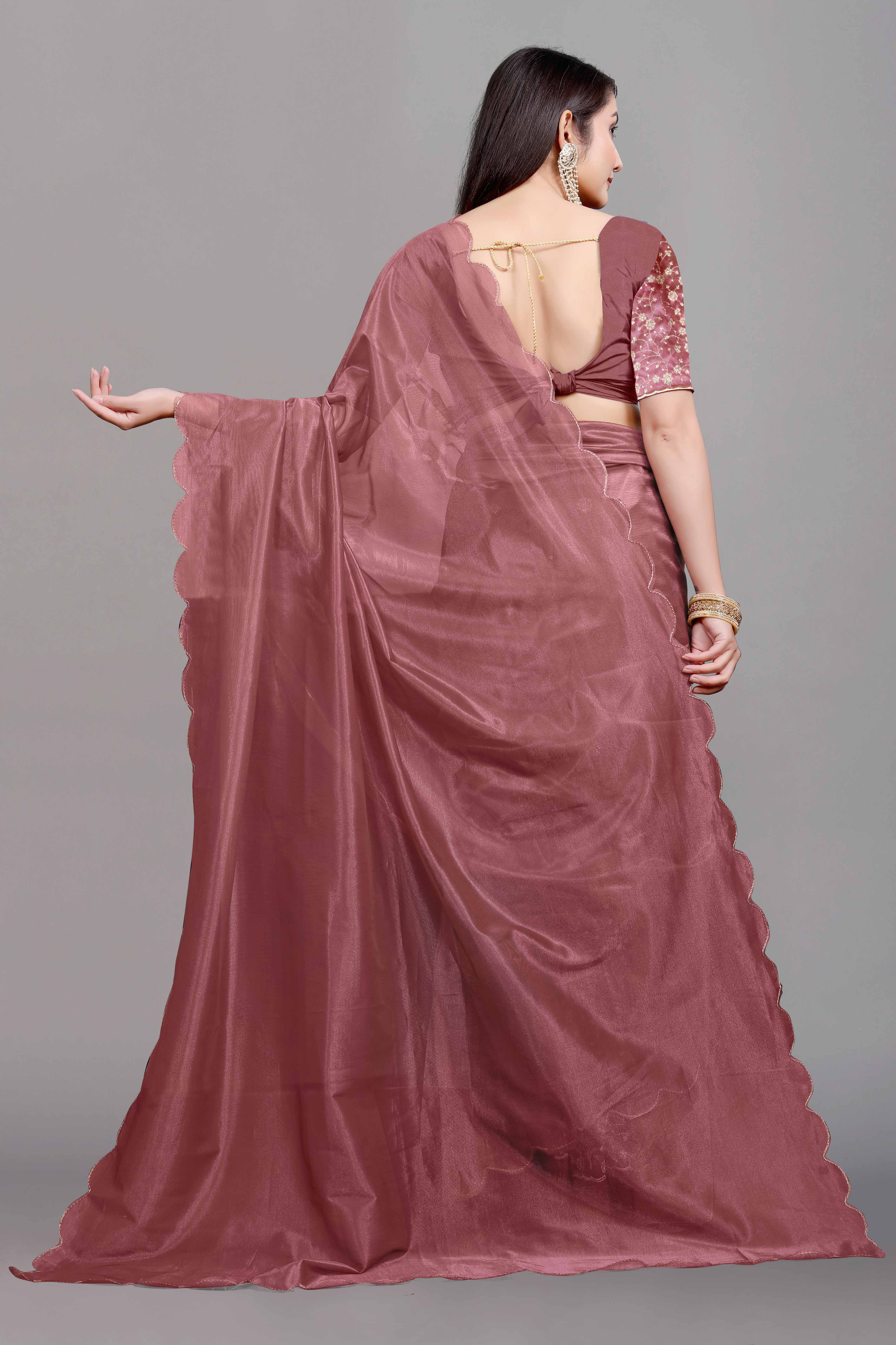 Rust Solid Net Saree With Zari Border