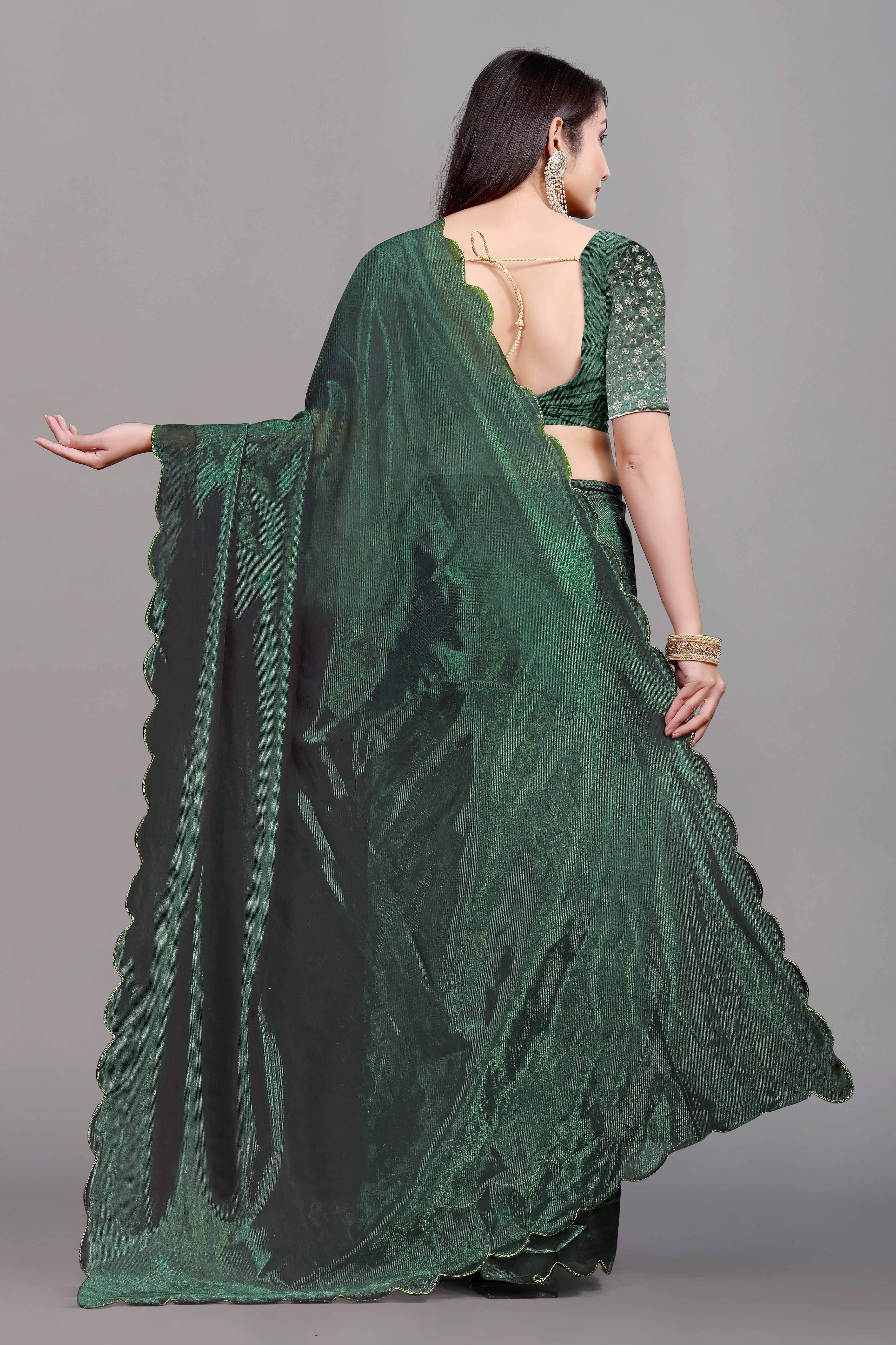 Green Solid Net Saree With Zari Border