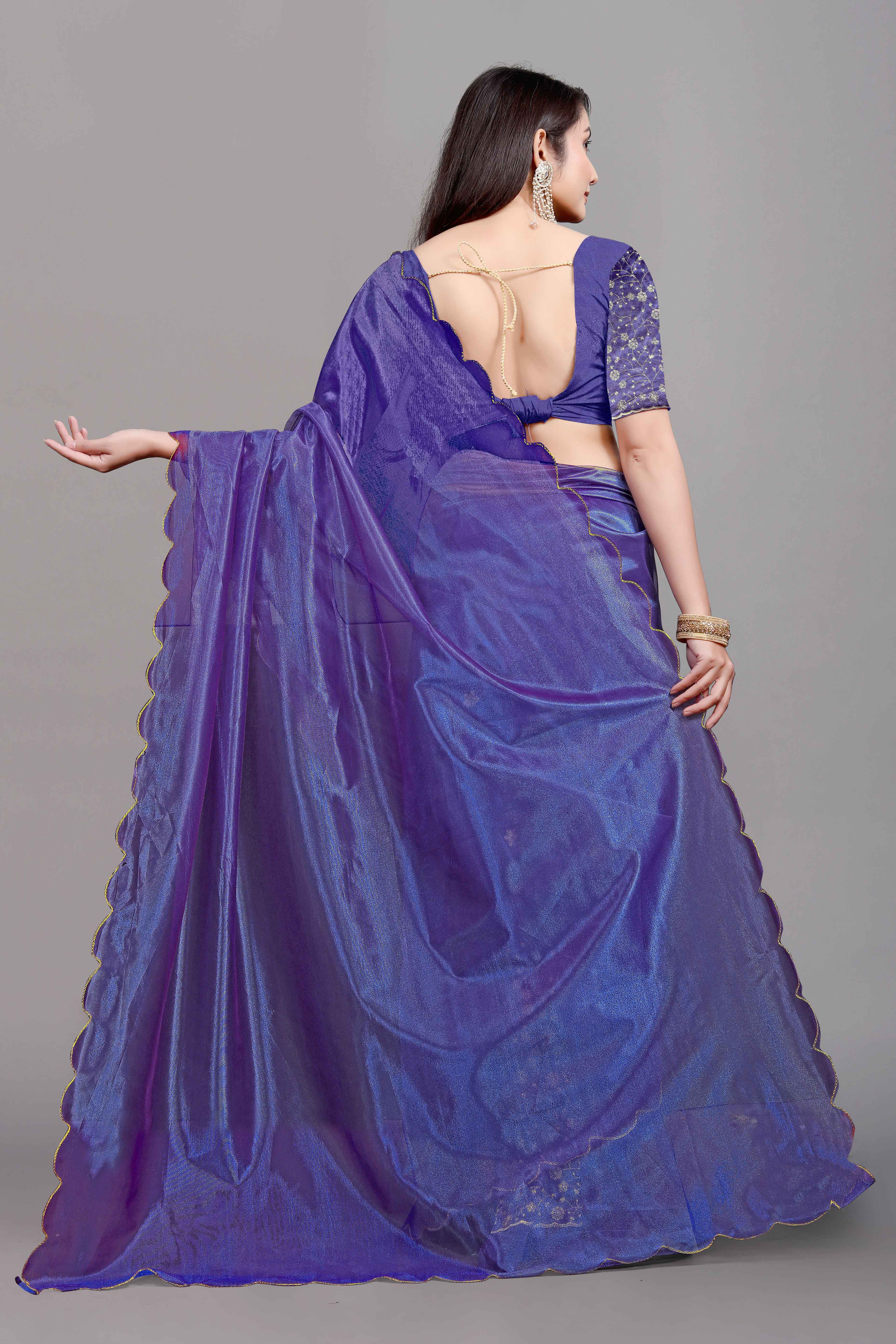 Purple Solid Net Saree With Zari Border