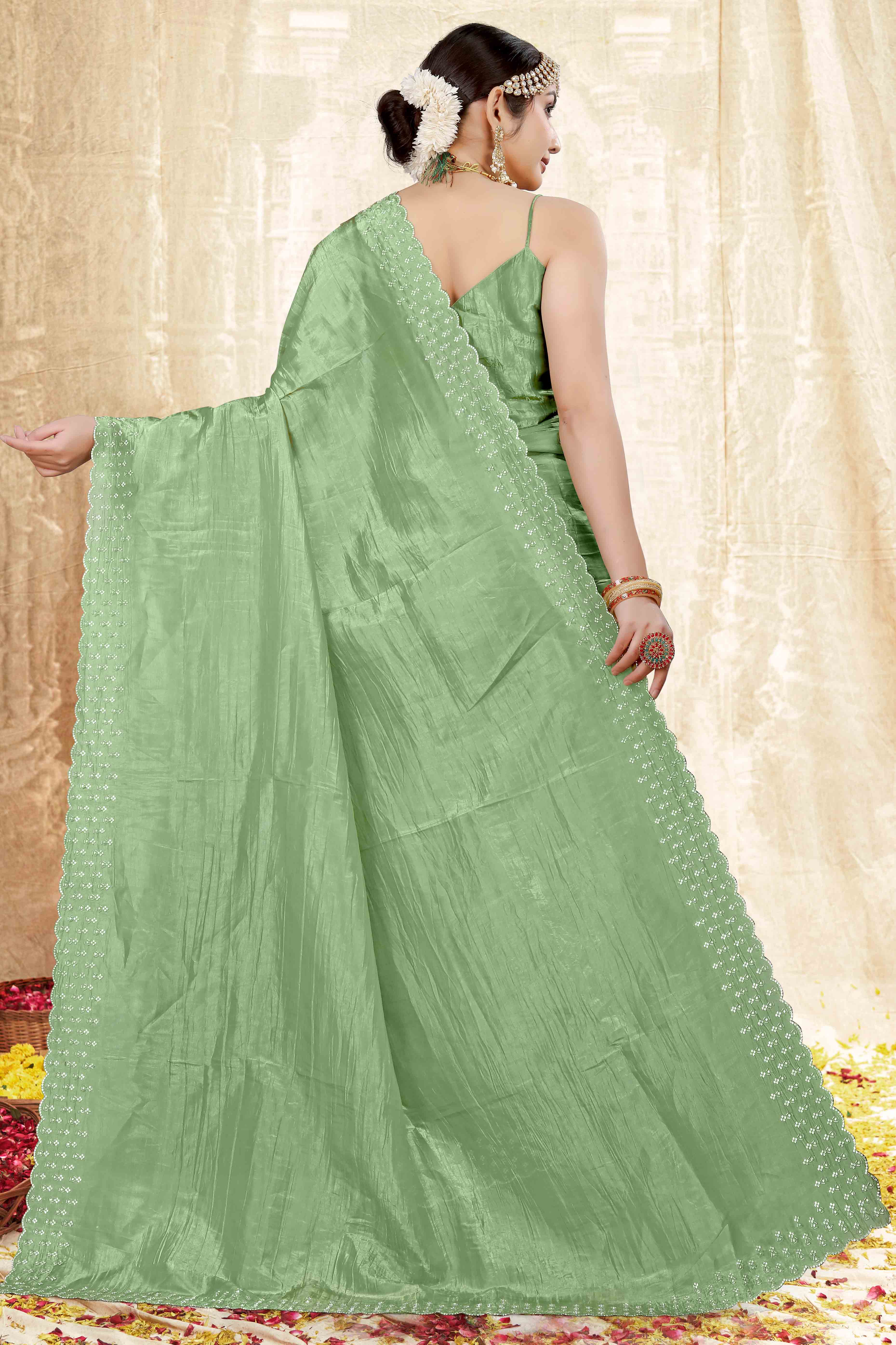 Green Zarkan Diamond Work Tissue Gold Crush Saree