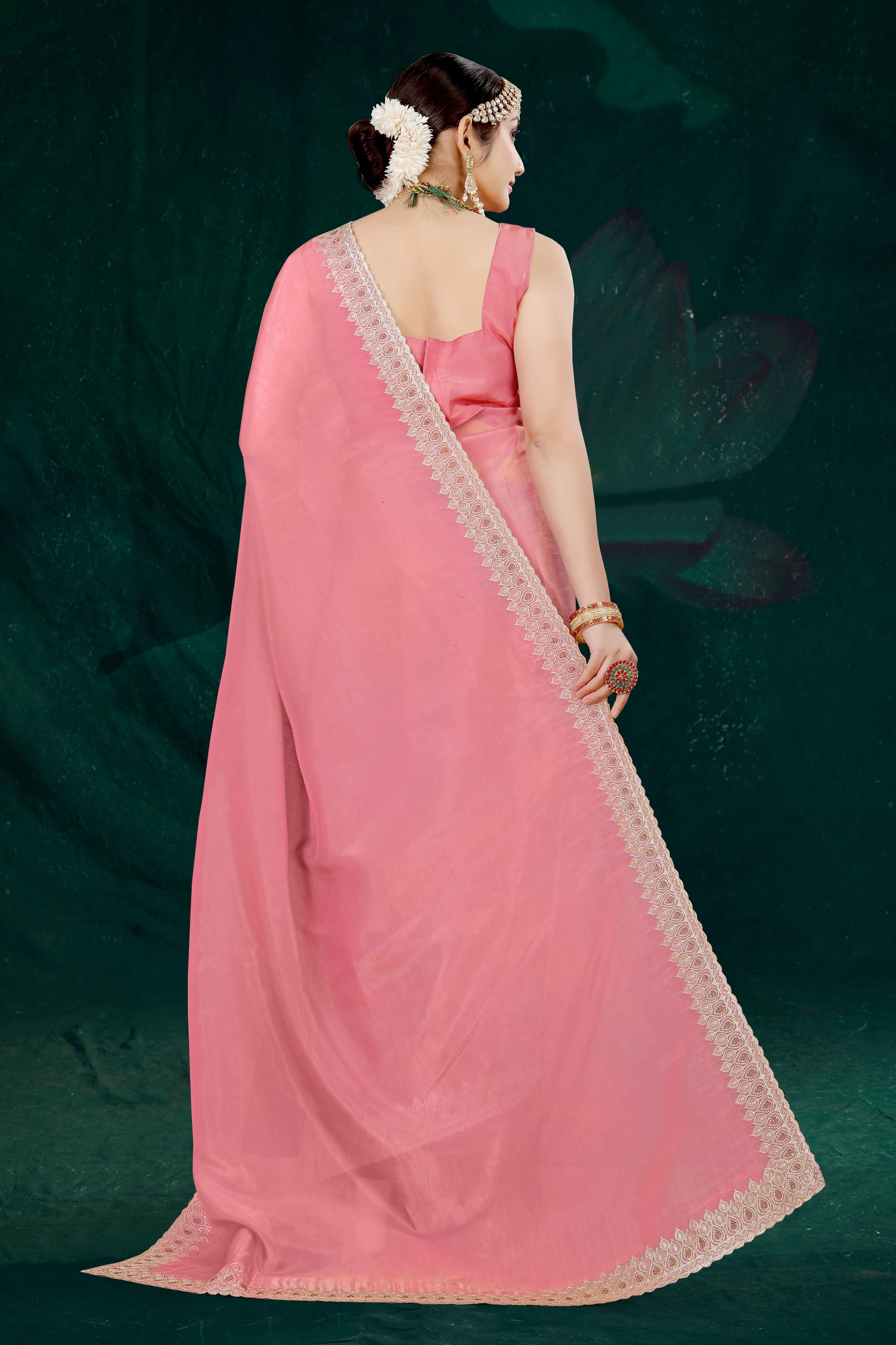 Pink Solid With Swarovski Work Tissue Gold Crush Saree