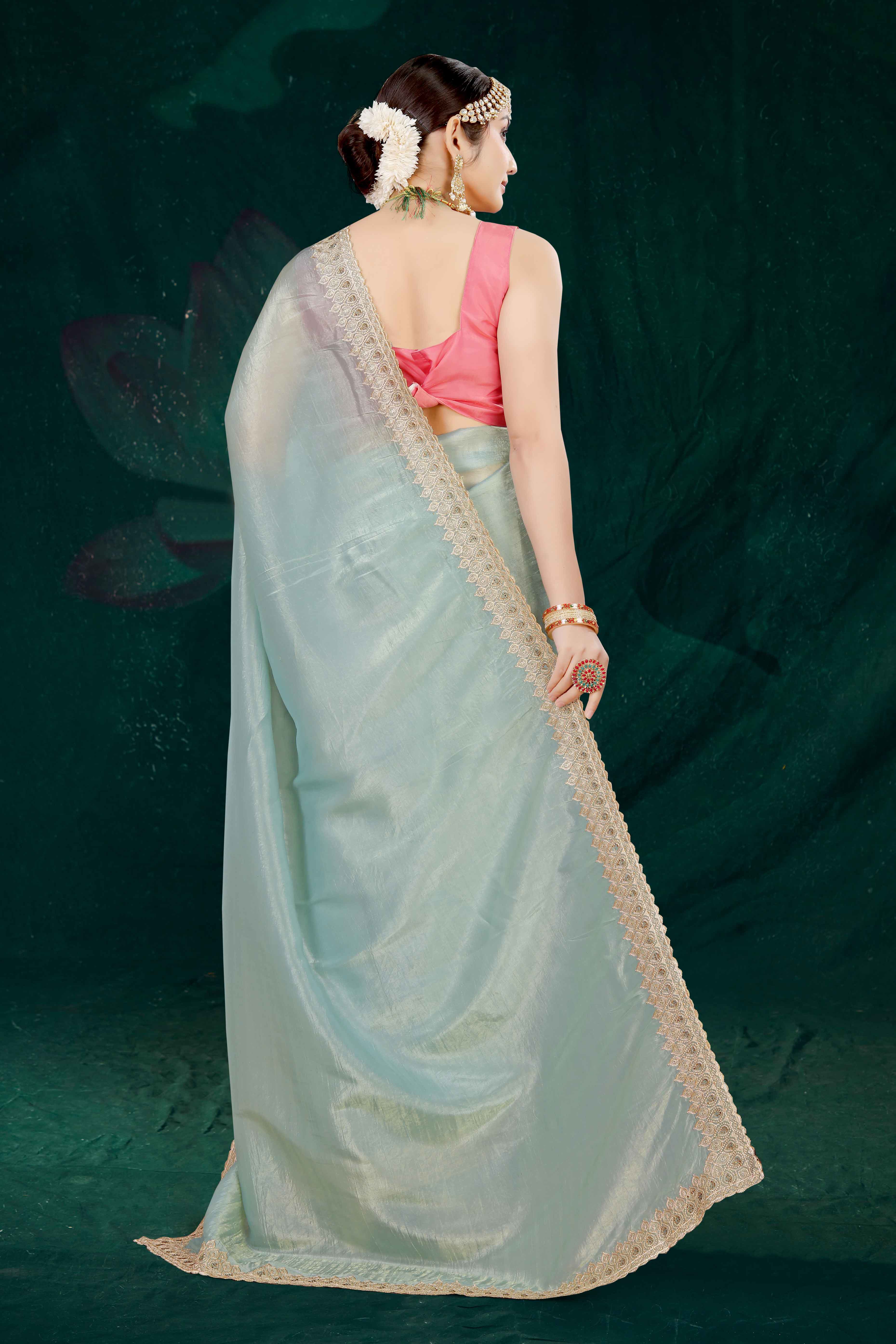 Blue Solid With Swarovski Work Tissue Gold Crush Saree
