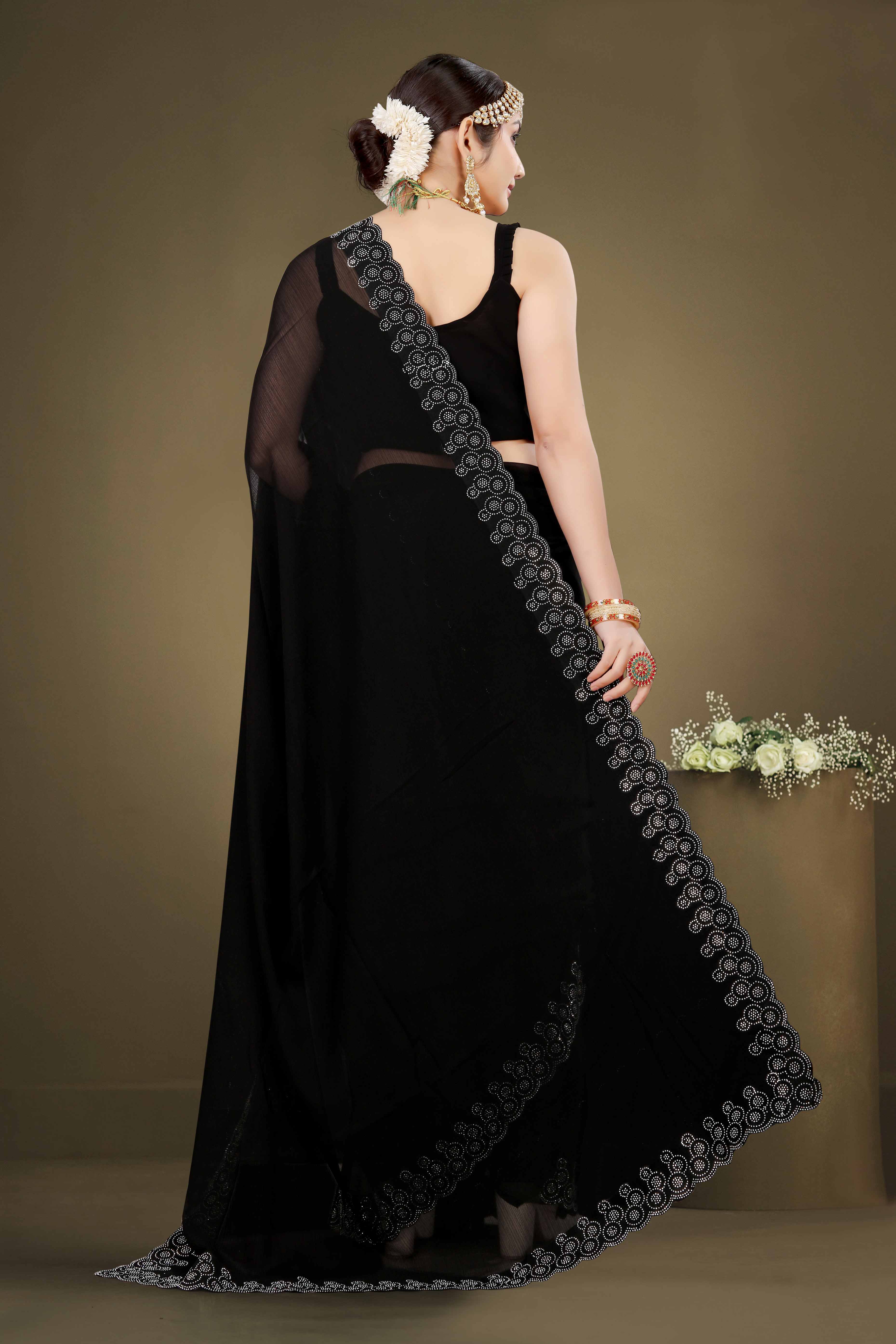 Black Solid With Swarovski Work Chiffon Saree