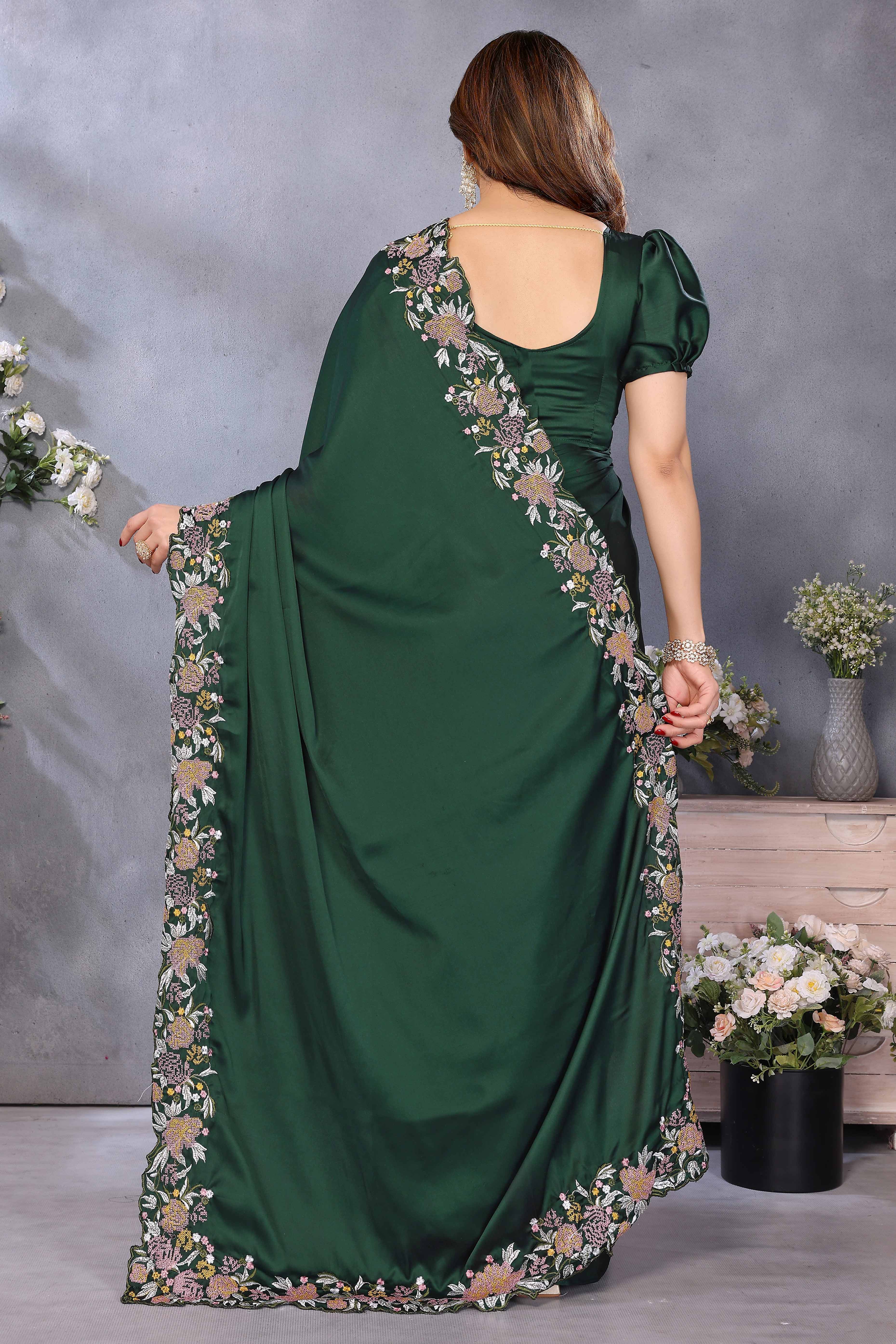 Bottle Green Satin Saree with Delicate Floral Embroidery and Intricate Resham Work