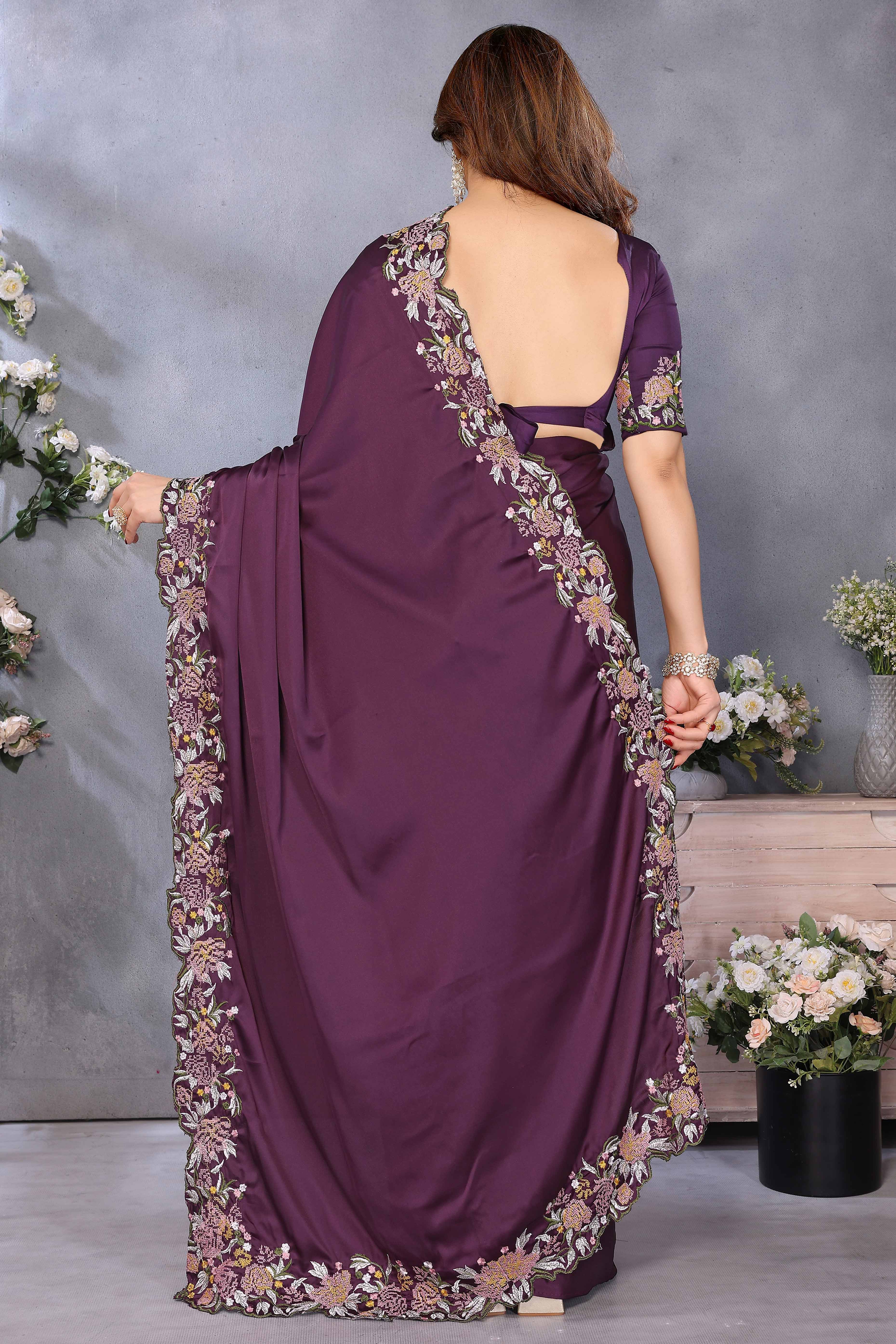 Deep Wine Satin Saree Featuring Floral Embroidery and Elegant Resham Thread Work