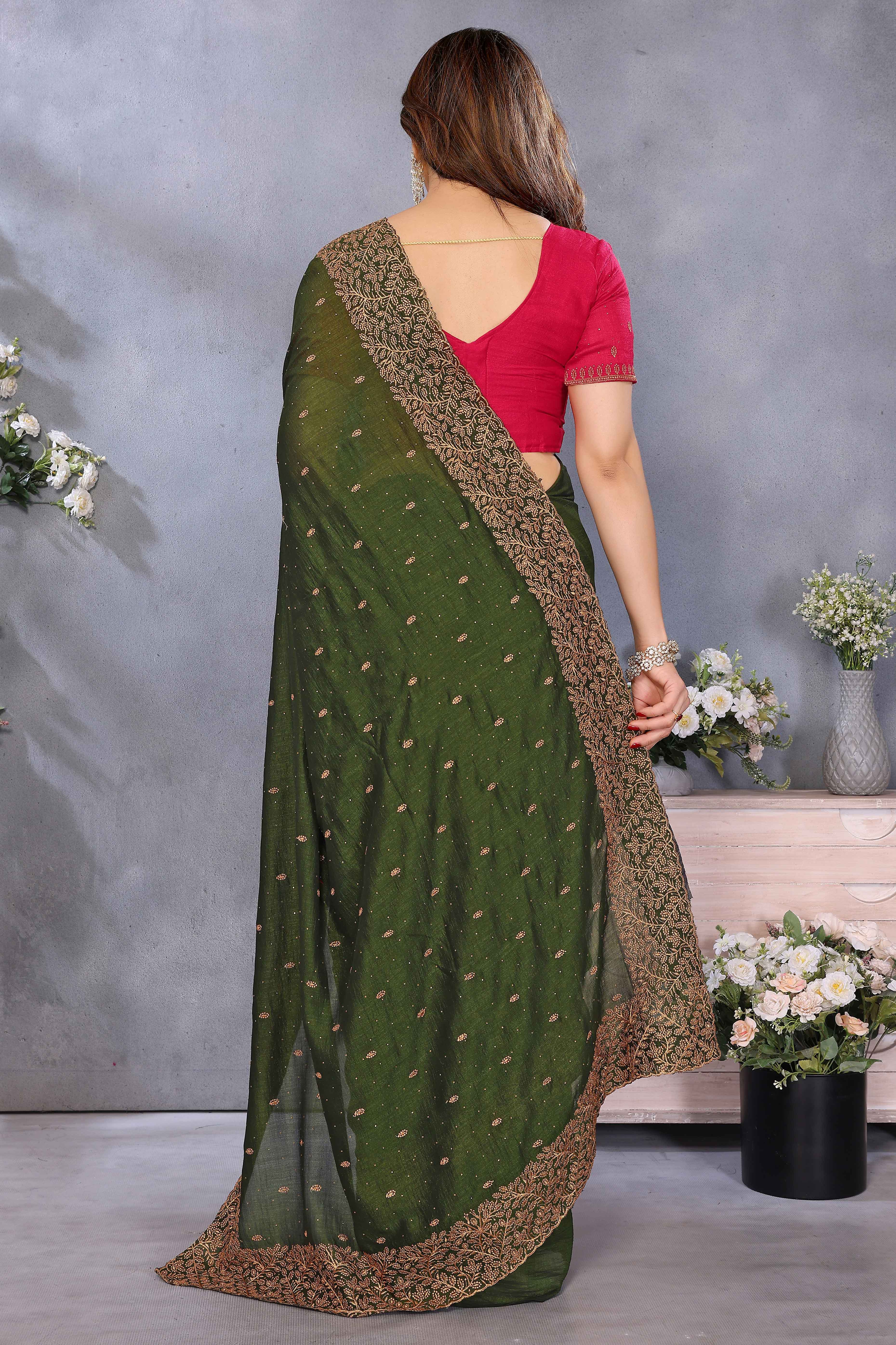 Mehendi Green Vichitra Silk Saree with Zari Embroidery and Stone Work
