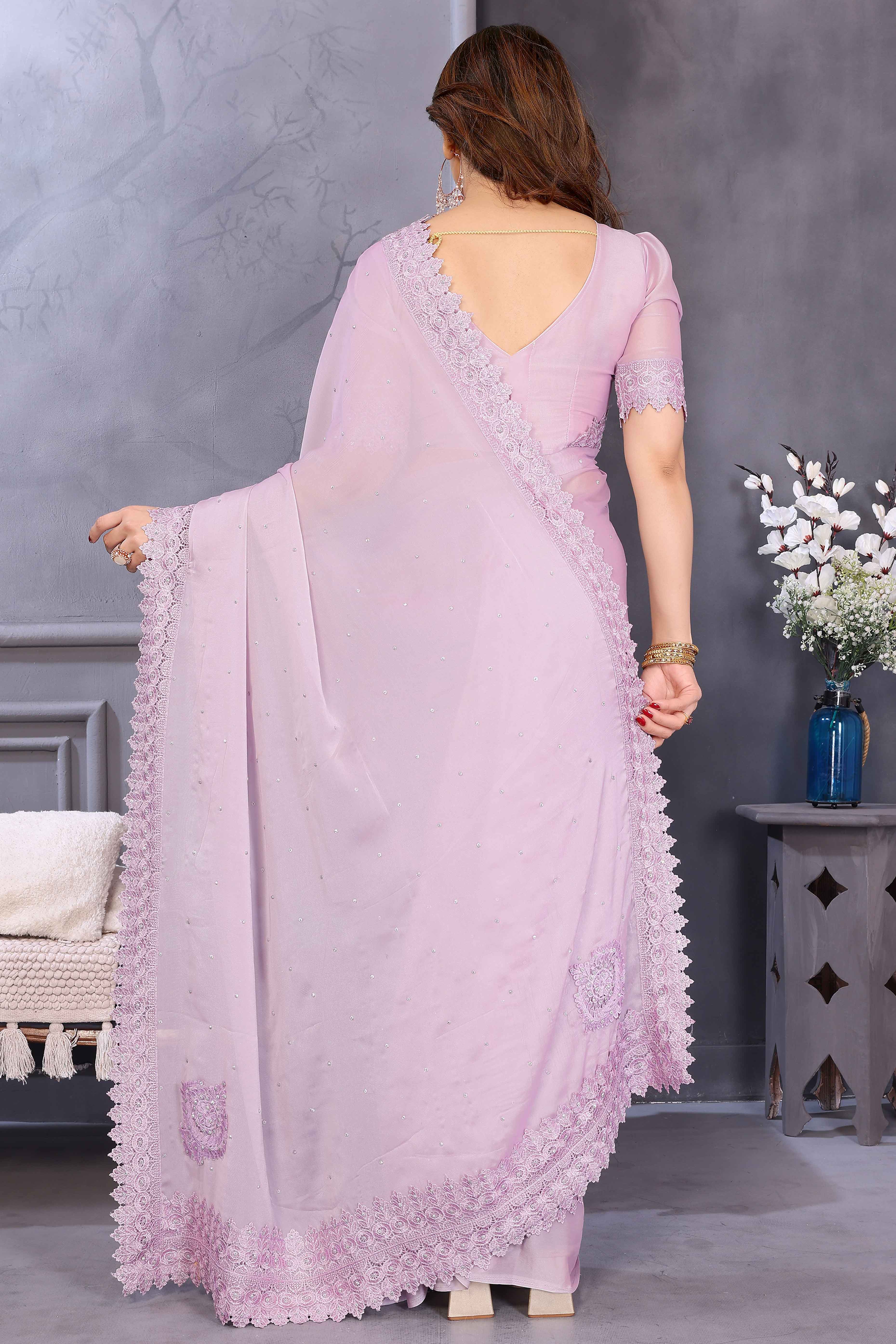 Lilac Purple Silk Blend Saree Adorned with Chemical Lace Edging and Dazzling Stone Accents