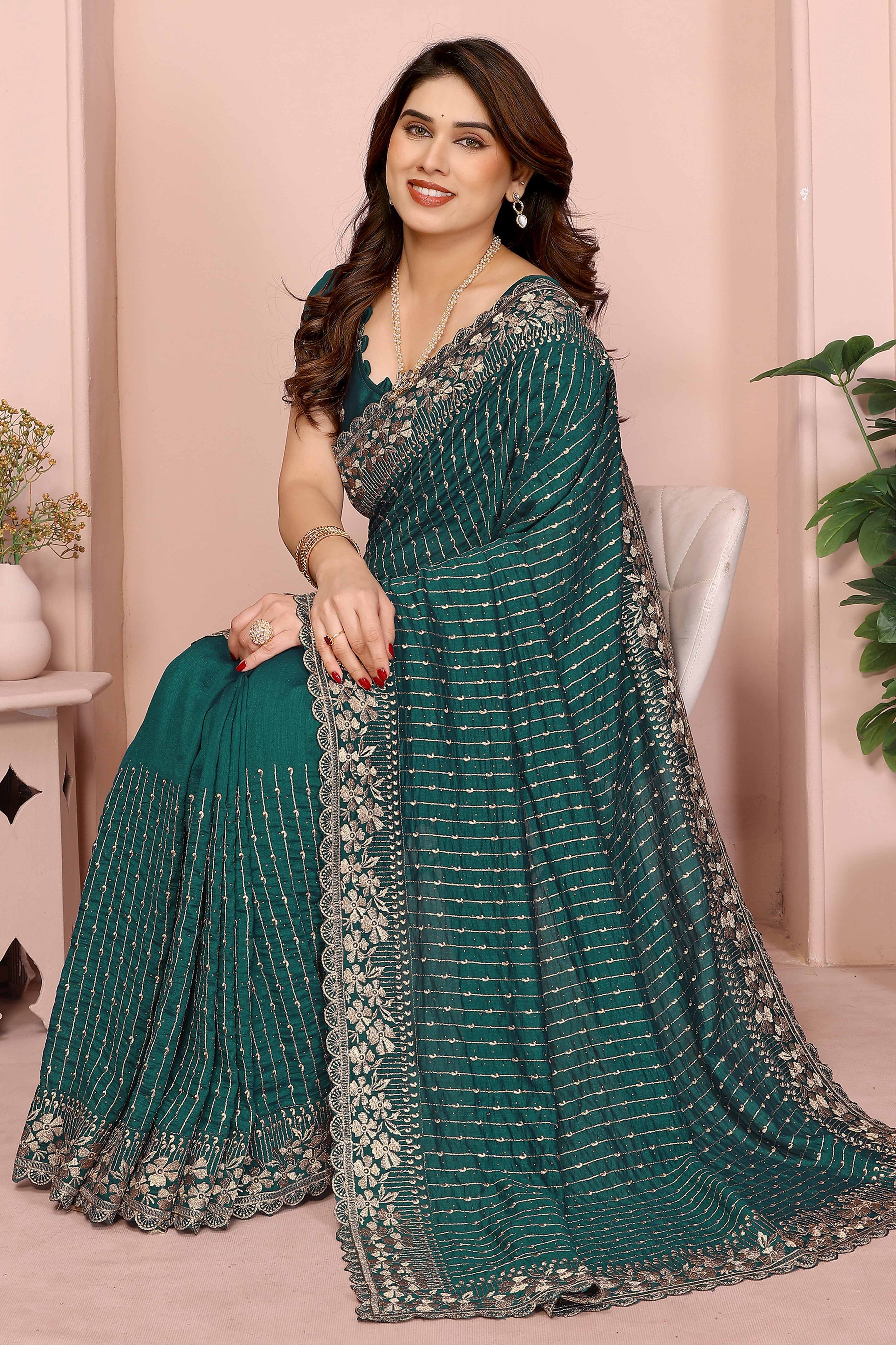 Morpich Green Vichitra Silk Saree with Heavy Embroidery and Sparkling Swarovski Work