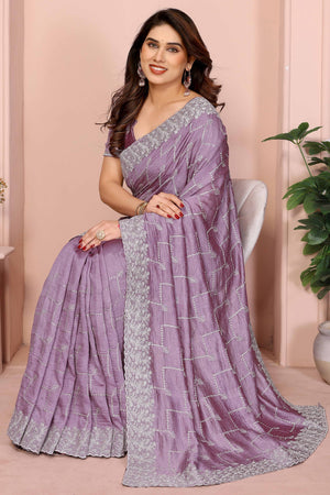 Lavender Vichitra Silk Saree with Traditional Zari Embroidery and Elegant Stone Work