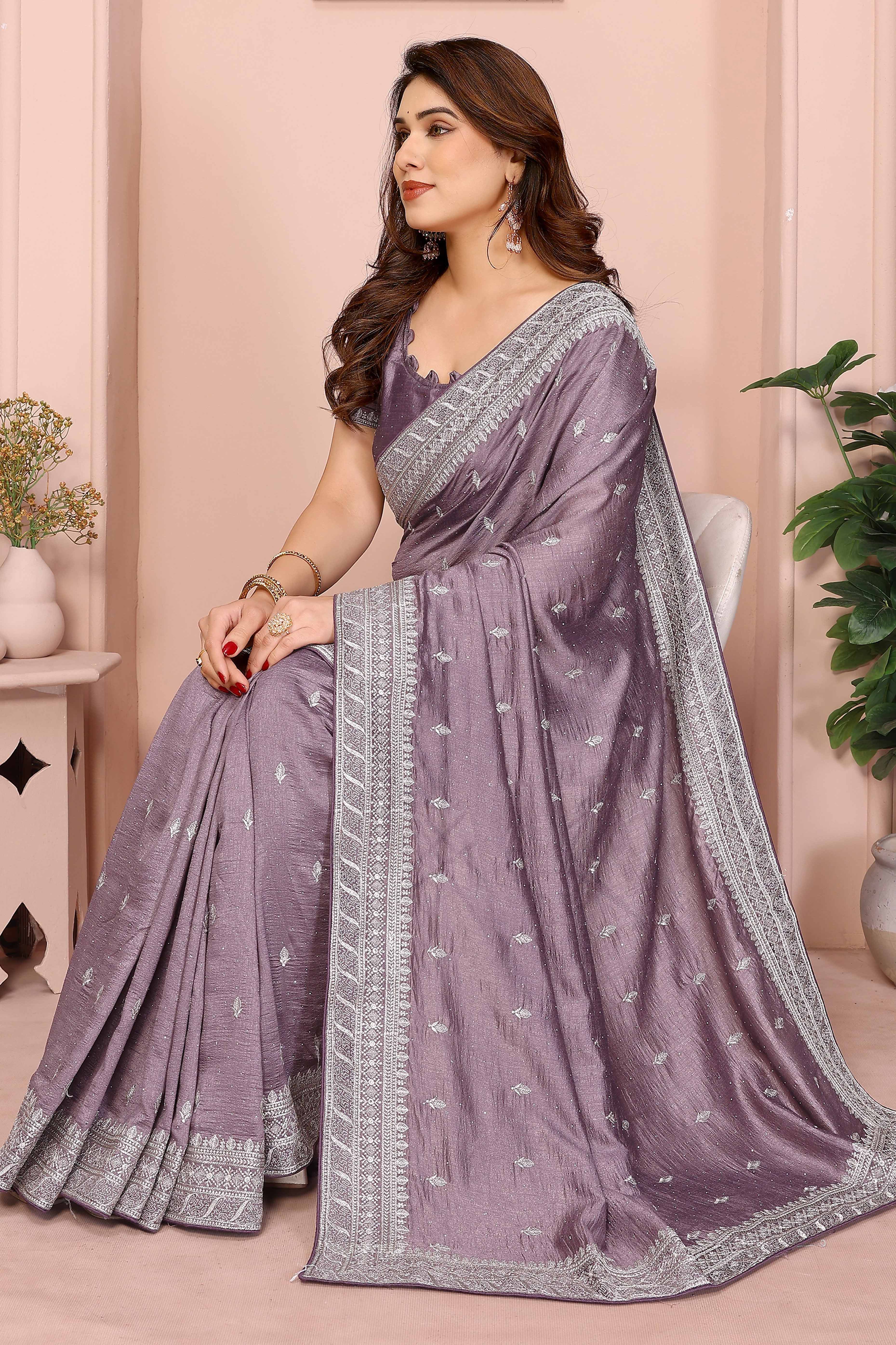 Lavender Vichitra Silk Saree with Traditional Zari Embroidery and Elegant Stone Work