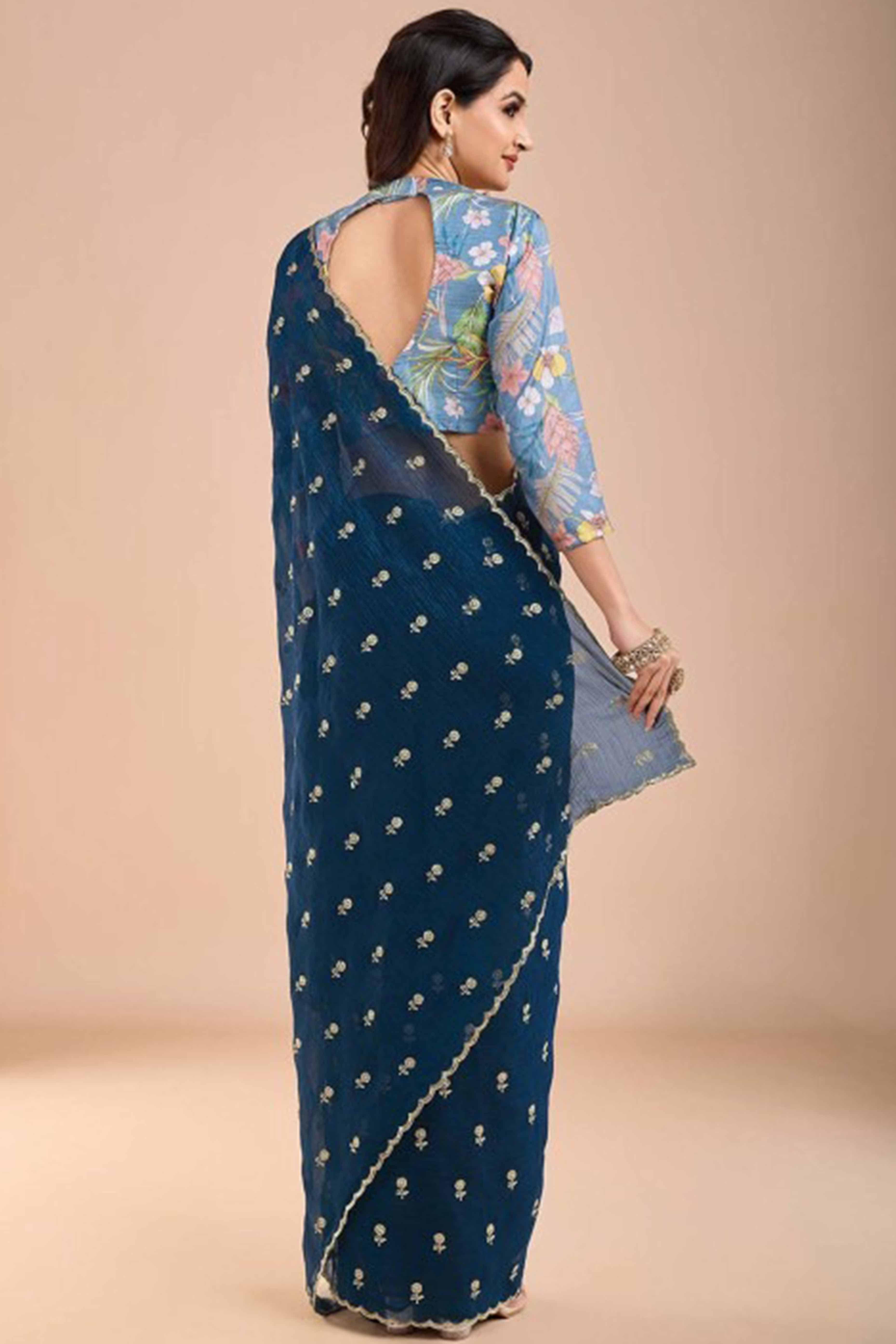 Blue Crunchy Saree Adorned With Floral Sequins Embroidery & Graceful Border Finish