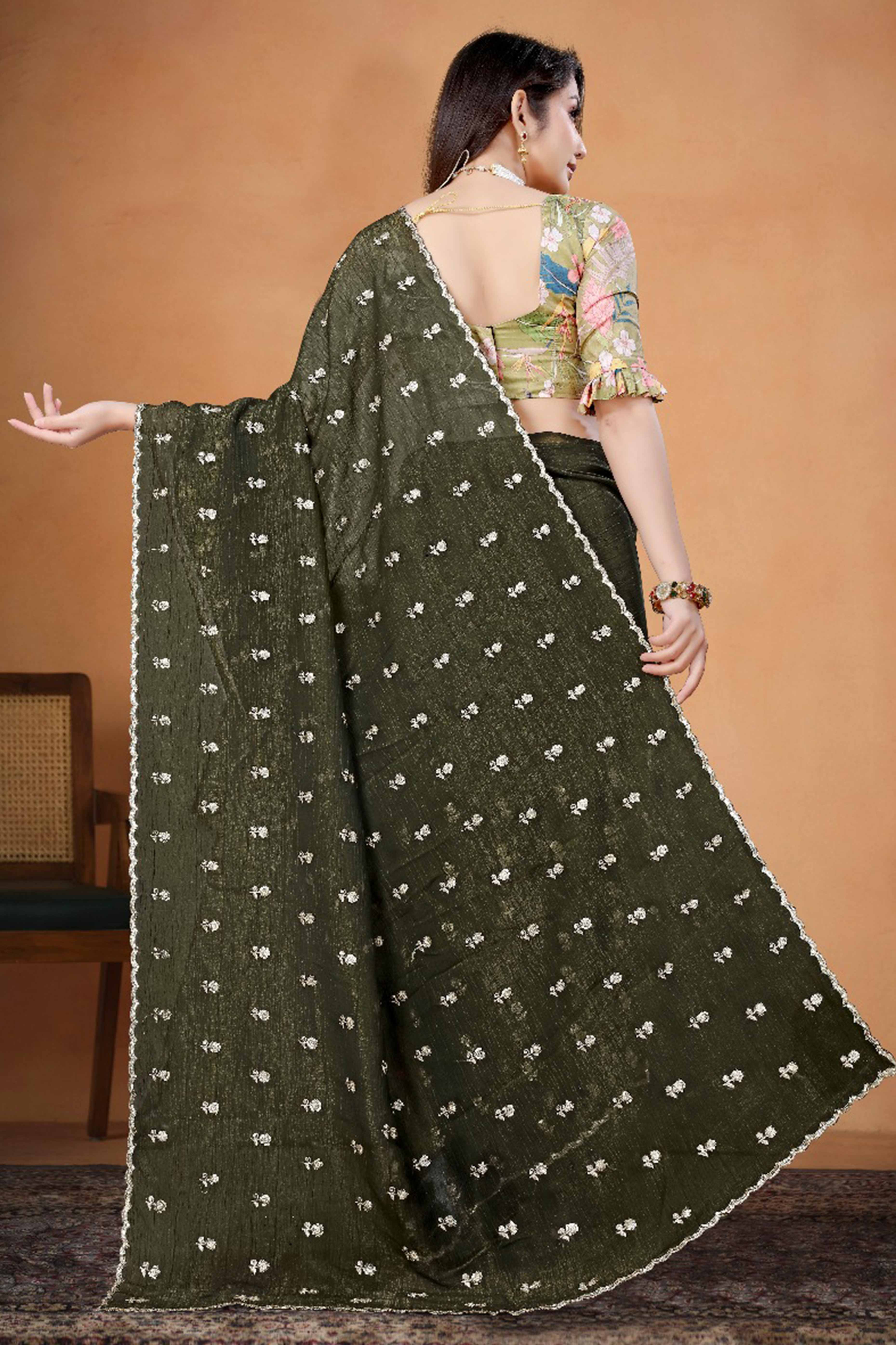 Mehendi Green Crunchy Saree Adorned With Floral Sequins Embroidery & Graceful Border Finish