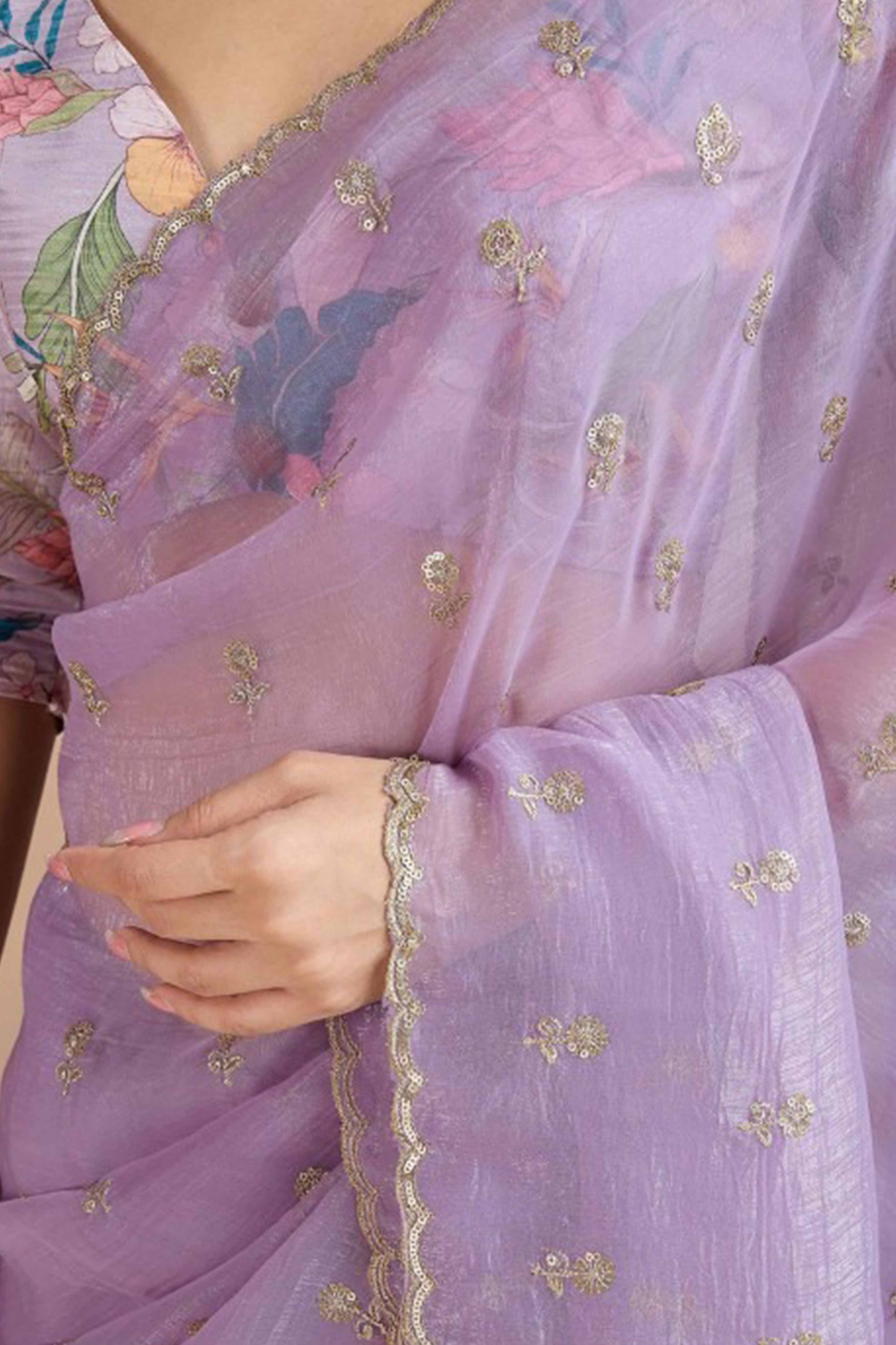 Lavender Crunchy Saree Adorned With Floral Sequins Embroidery & Graceful Border Finish