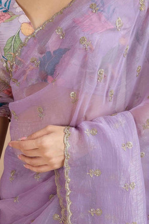 Lavender Crunchy Saree Adorned With Floral Sequins Embroidery & Graceful Border Finish