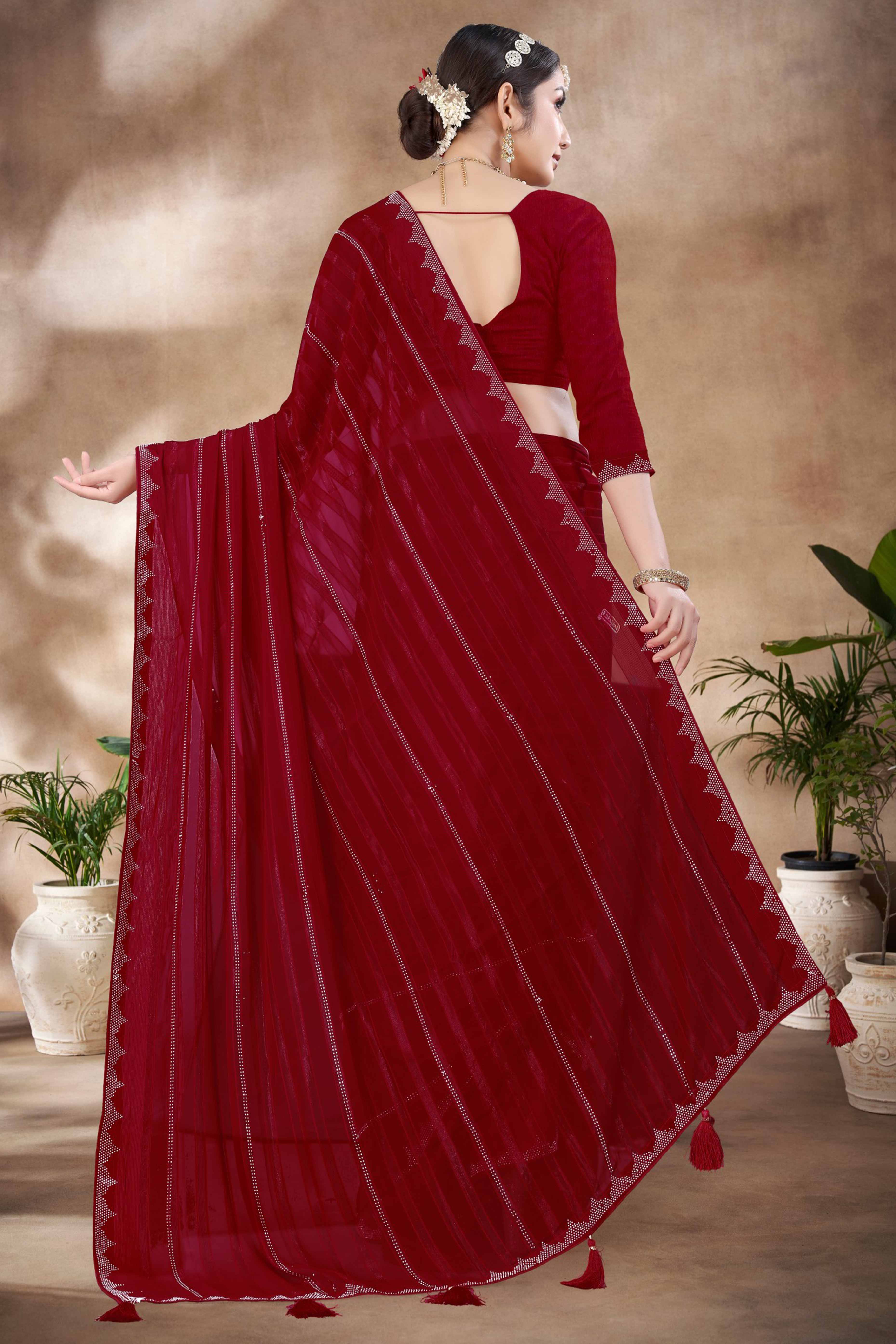 Maroon Chiffon Party Saree Featuring Delicate Stone Embellishments