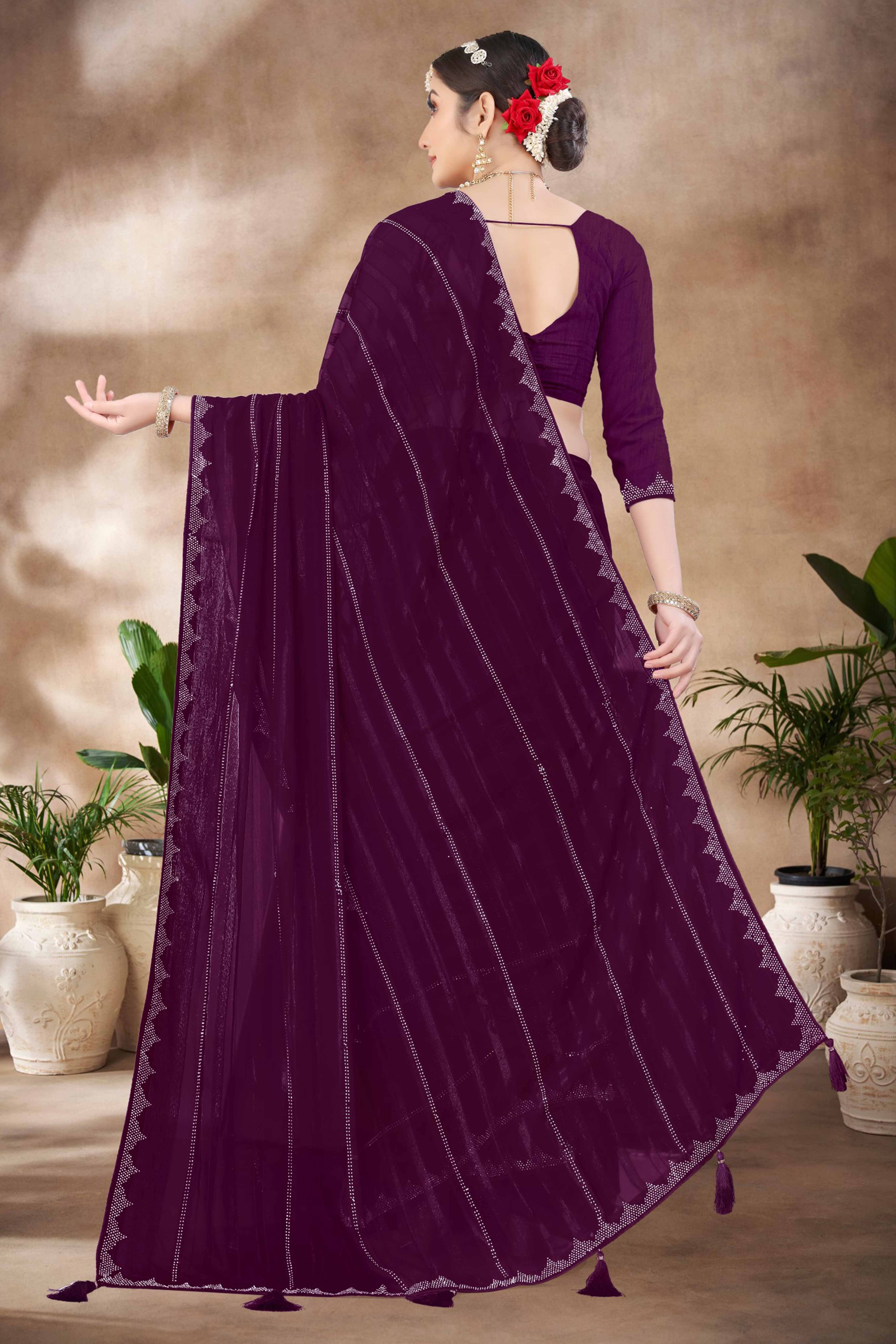 Purple Chiffon Party Saree Featuring Delicate Stone Embellishments