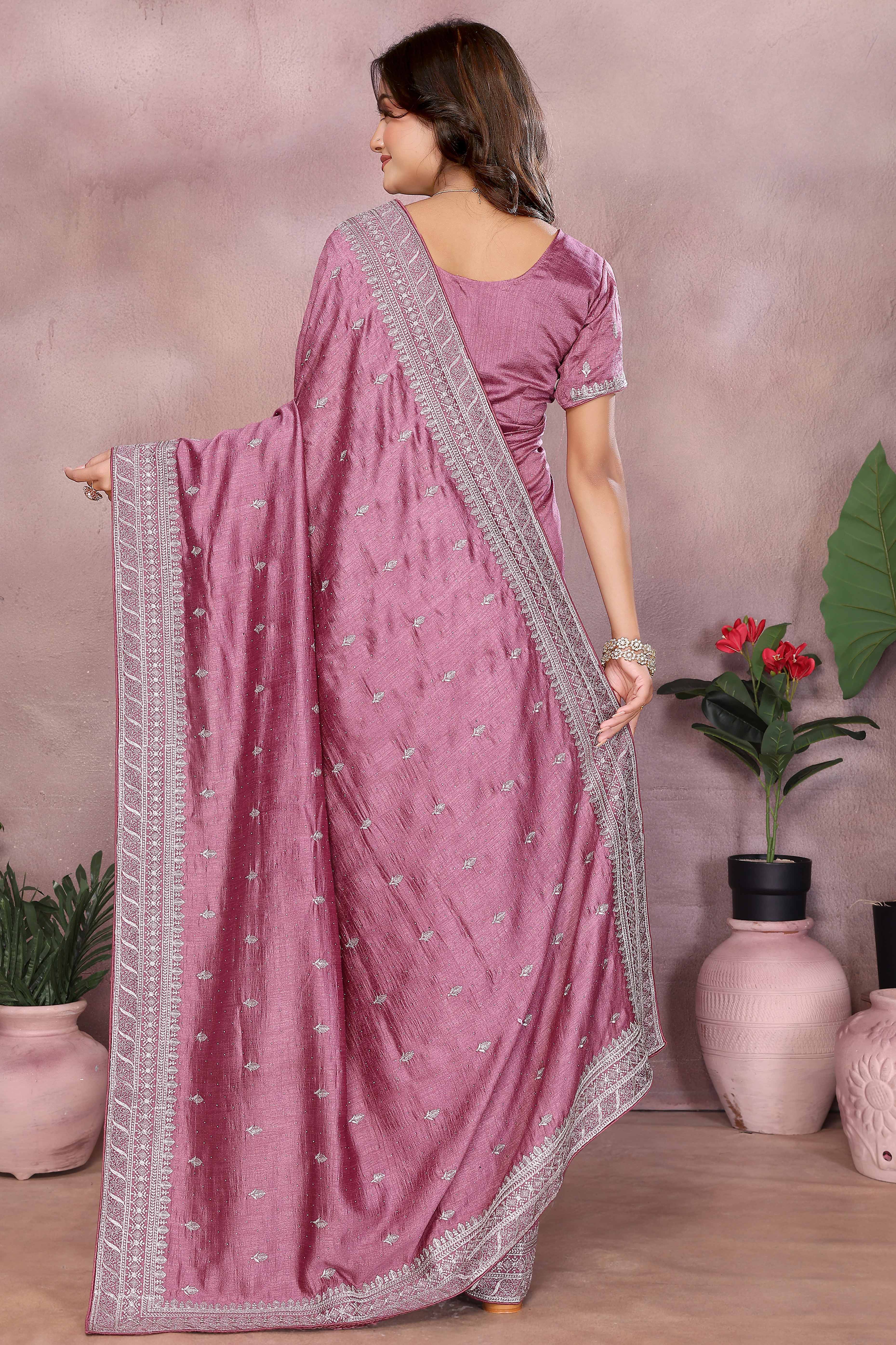 Modern Light Mauve Embroidered Vichitra Silk Saree for Weddings and Festive Occasions