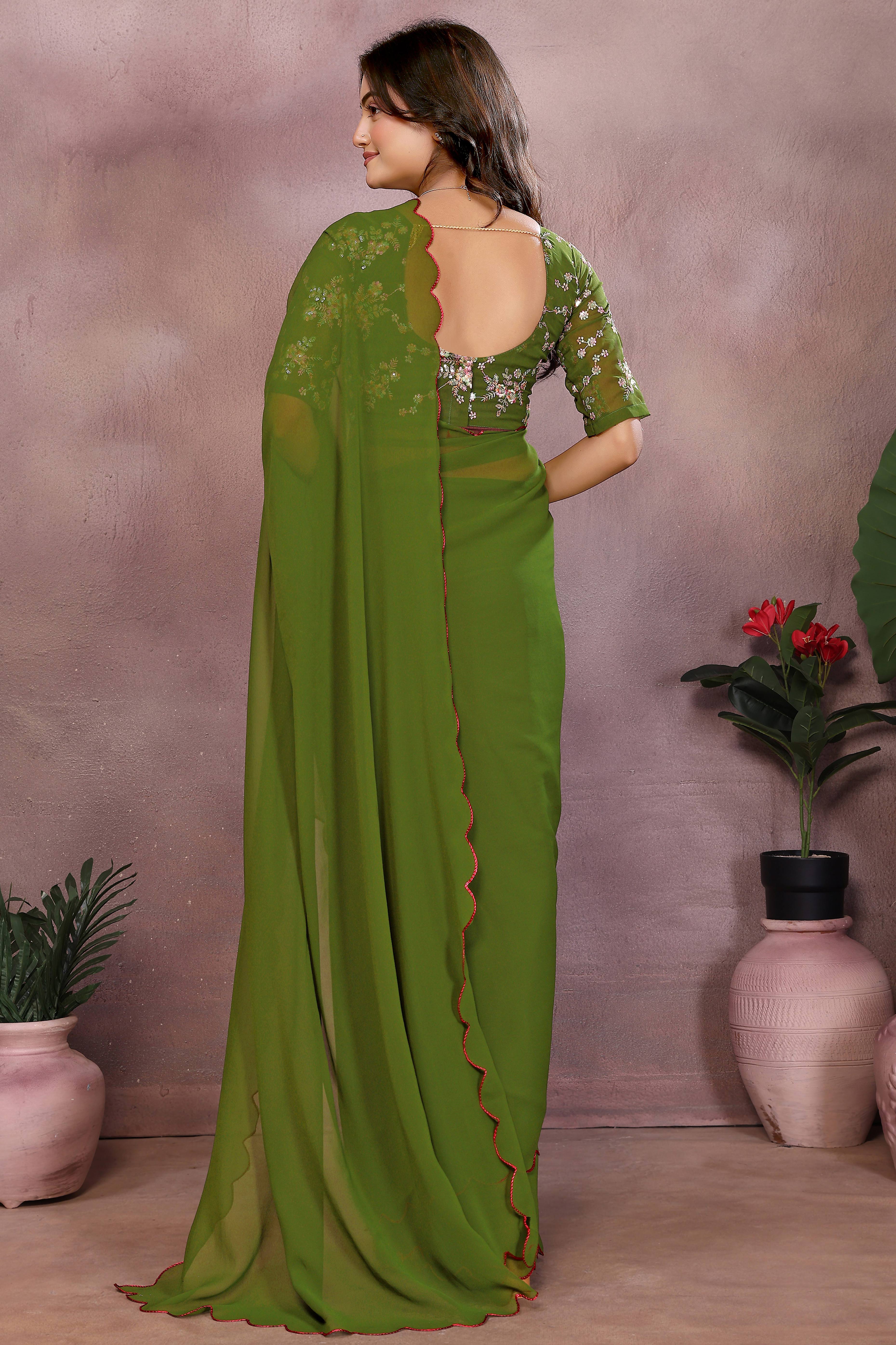 Sophisticated Green Party Wear Saree in Flowing Georgette Fabric With Embellished Blouse