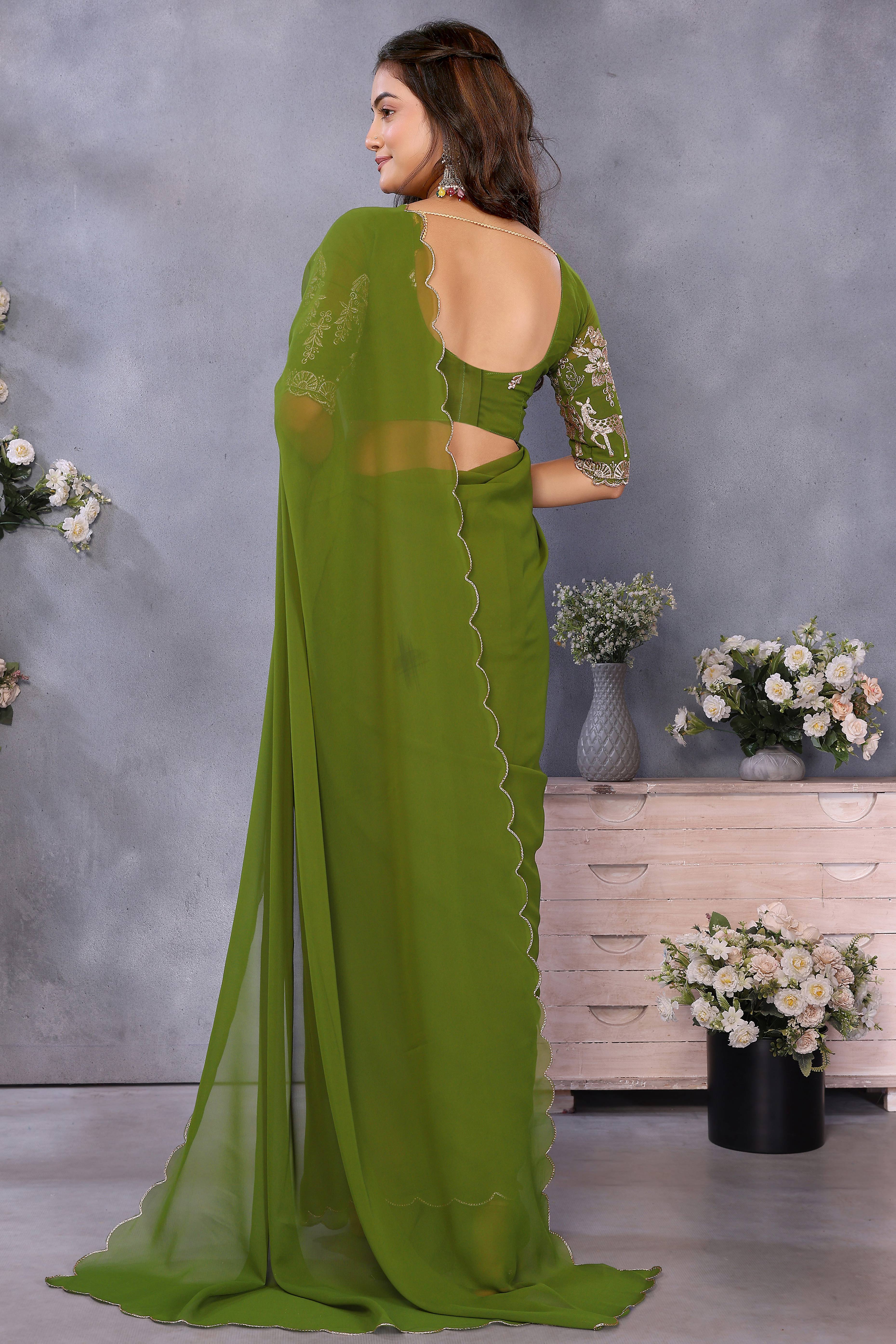 Sophisticated Green Party Wear Saree in Flowing Georgette Fabric With Embellished Blouse
