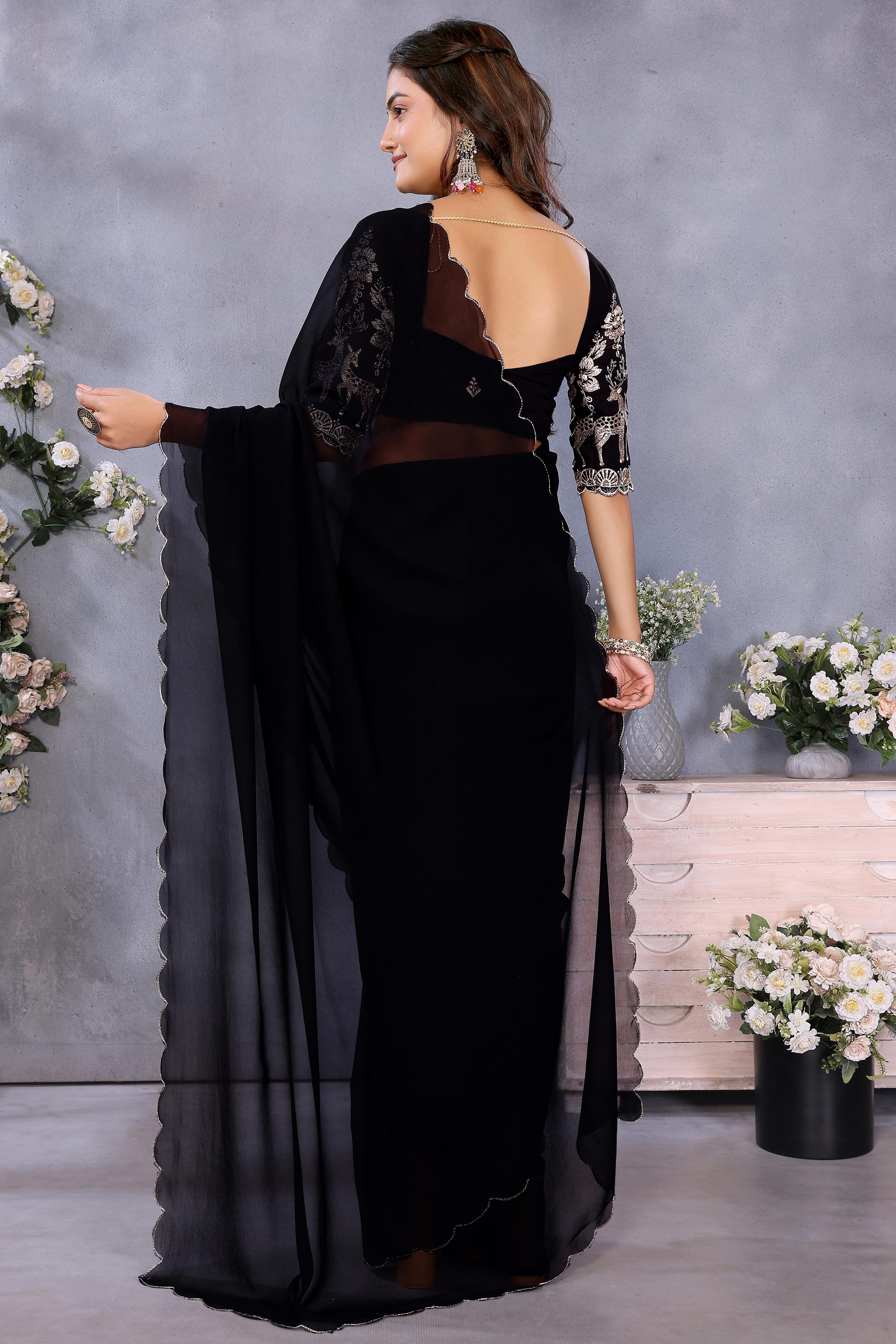 Sophisticated Black Party Wear Saree in Flowing Georgette Fabric With Embellished Blouse