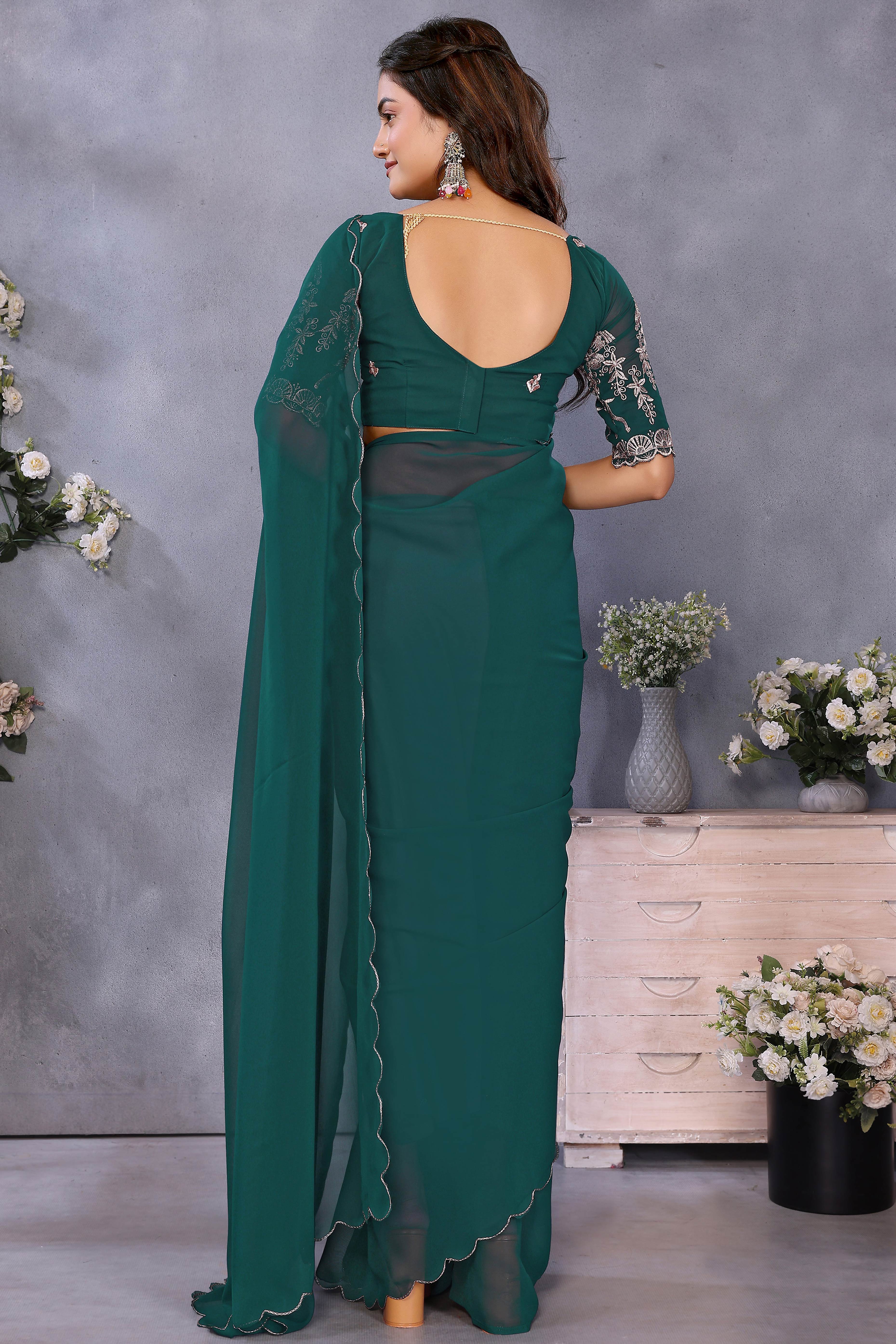 Sophisticated Morpich Green Party Wear Saree in Flowing Georgette Fabric With Embellished Blouse