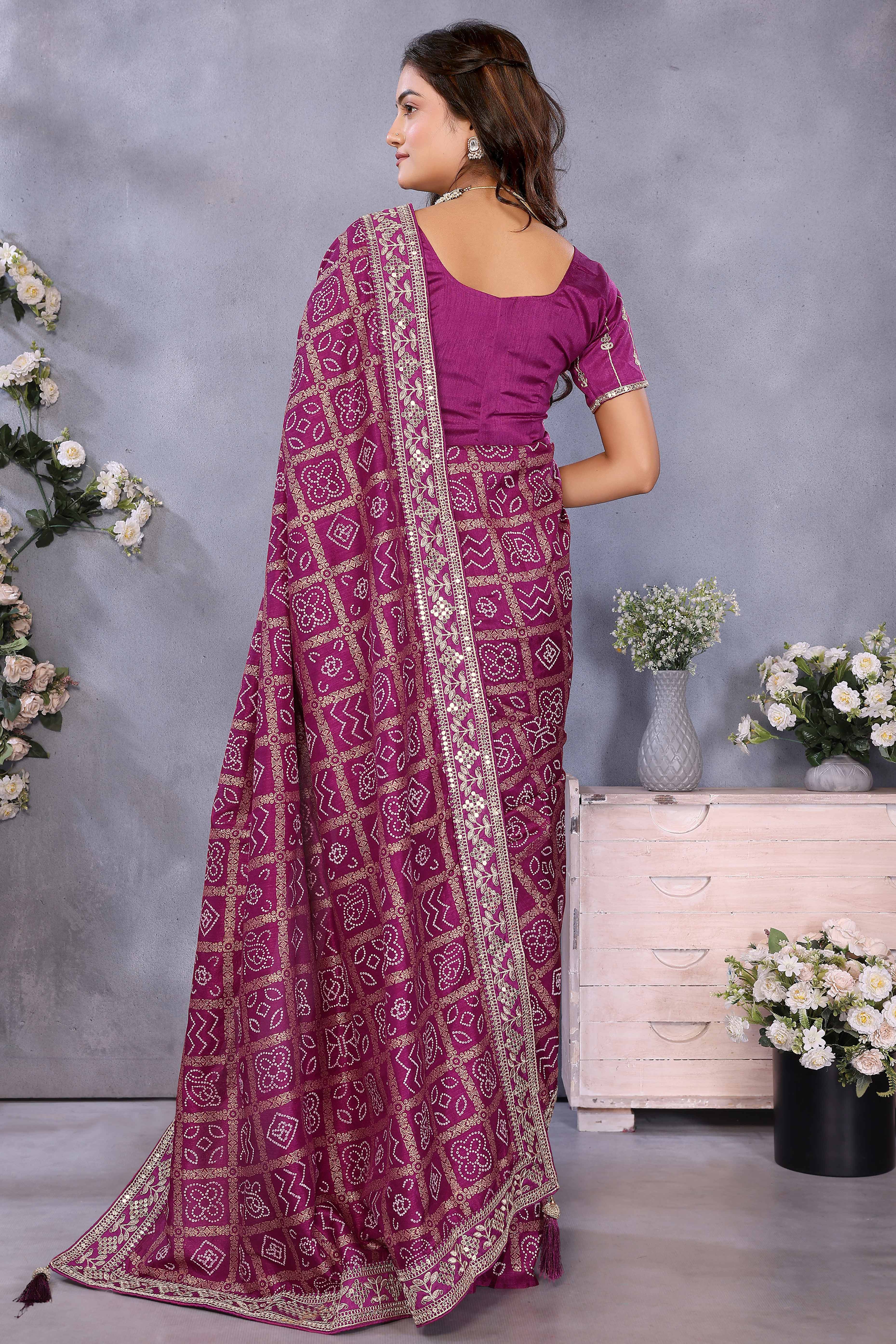 Purple Vichitra Silk Saree Highlighted with Bandhani Print and Sequins Embroidered Border