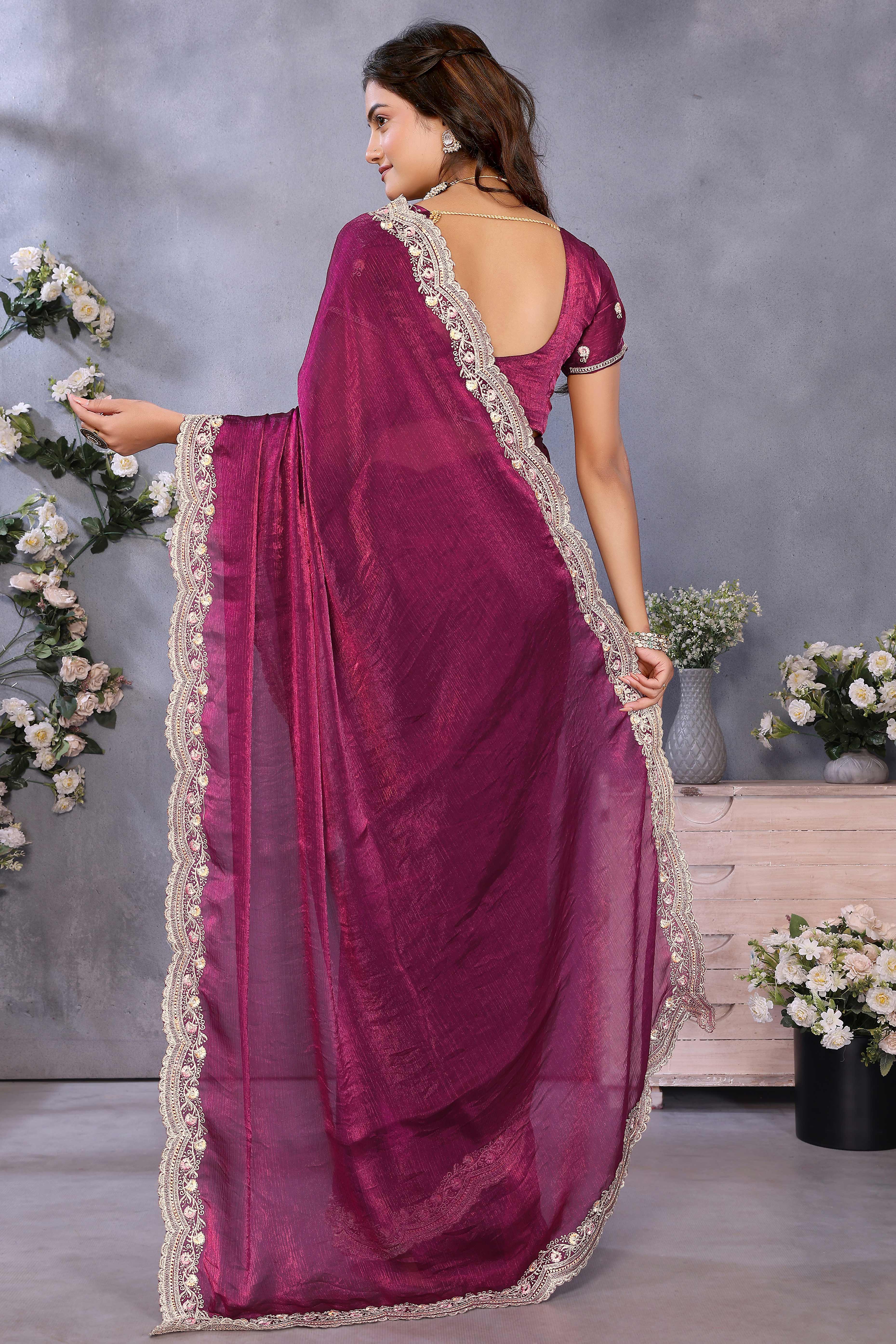 Wine Chiffon Saree with Delicate Embroidered Motifs for Special Occasions