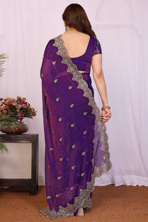 Violet Sequins Work Embroidered Chiffon Partywear Saree with Graceful Shine and Soft Texture