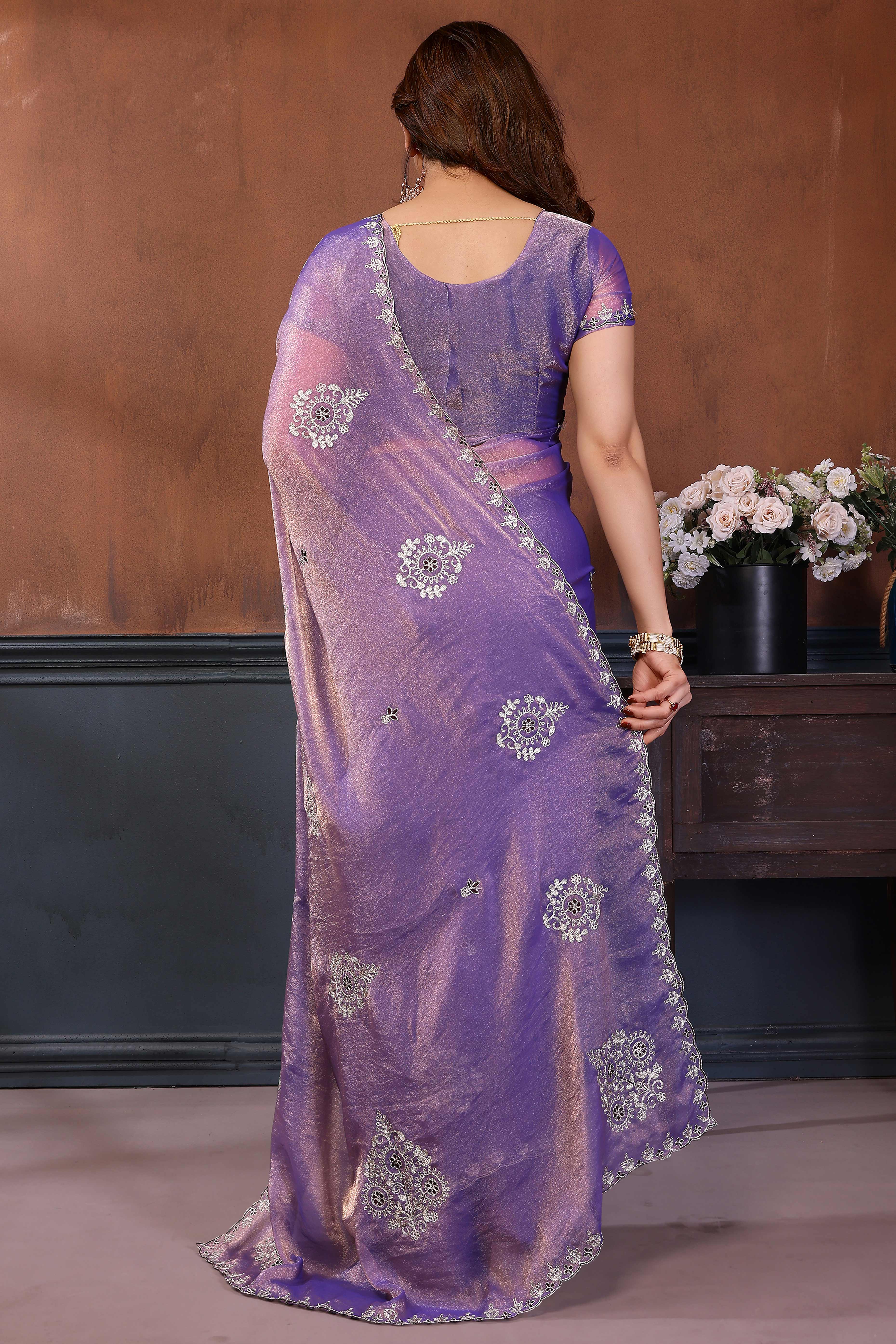 Lavender Thread Work Embroidered Chiffon Partywear Saree with Delicate Designer Look