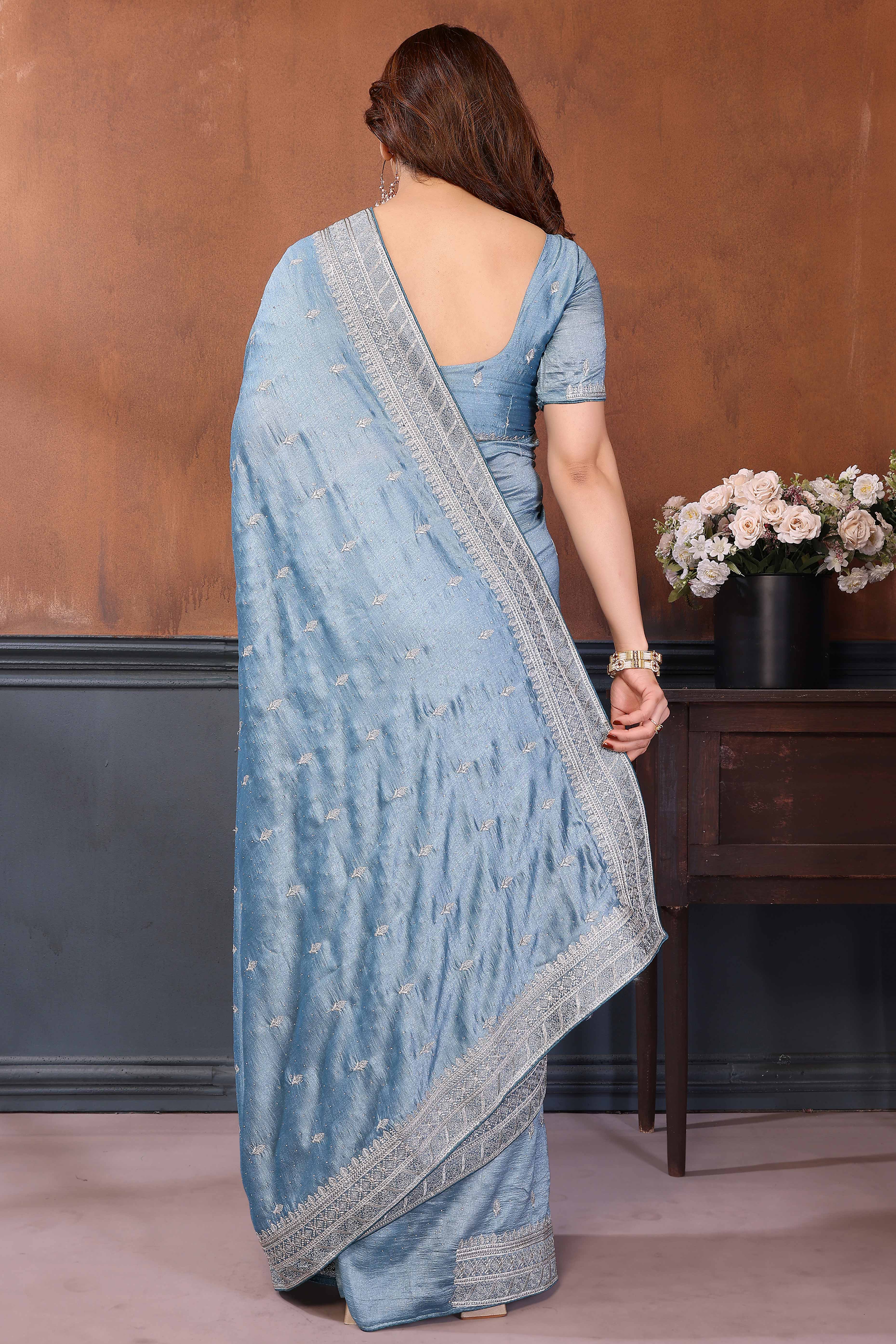Light Blue Thread Work Embroidered Vichitra Silk Partywear Saree