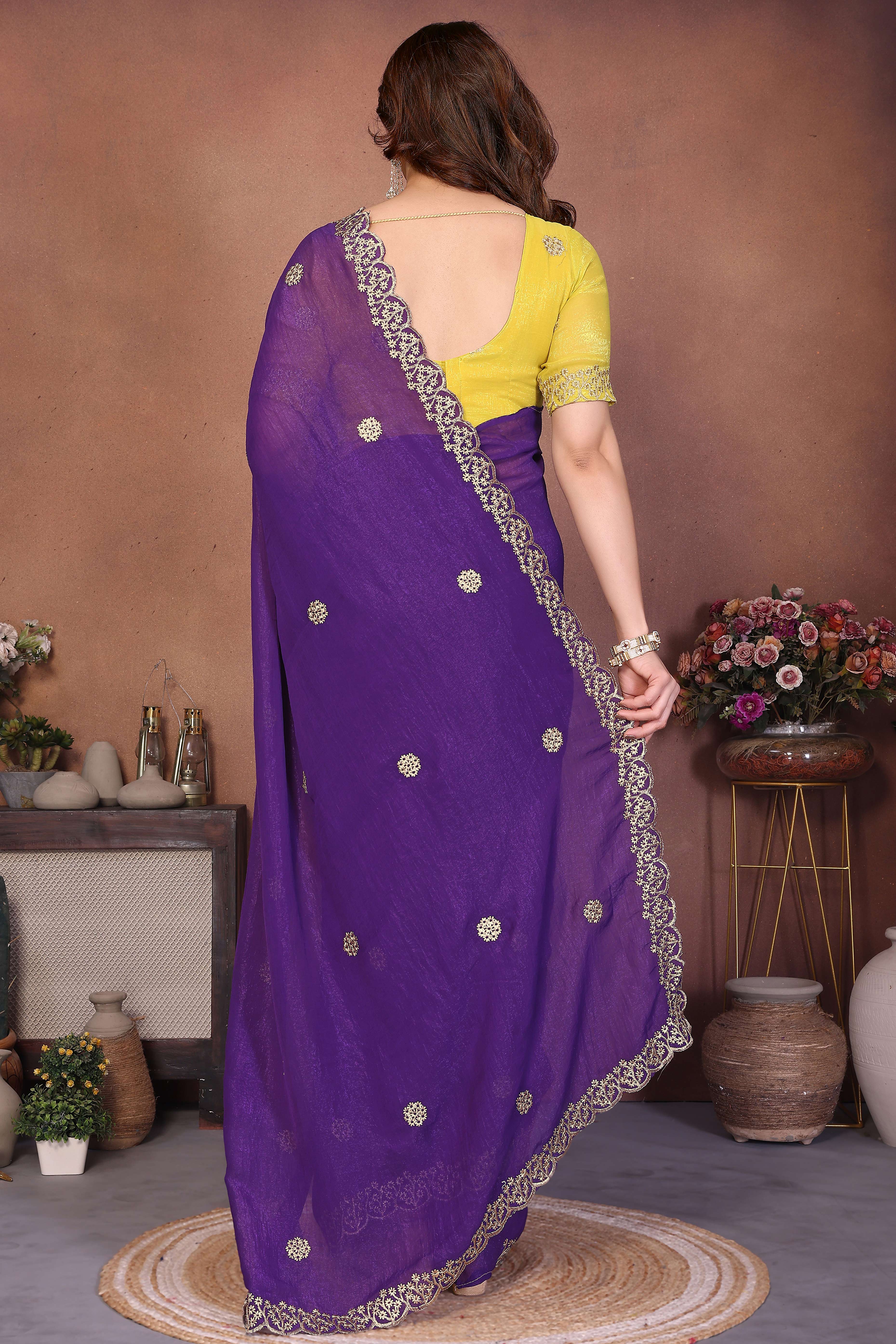 Violet Designer Crunchy Saree Enhanced with Delicate Thread Work Embroidery
