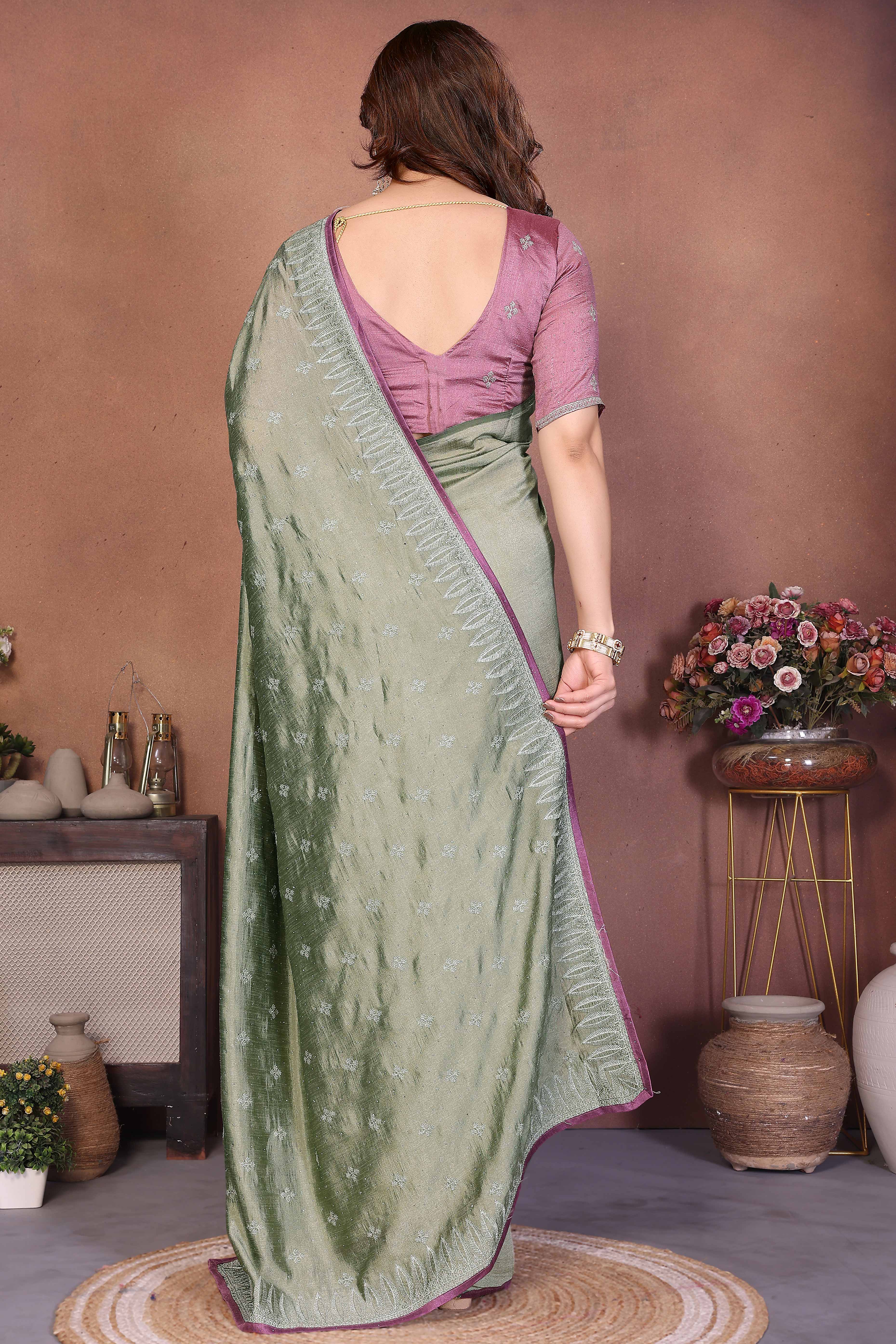 Dusty Green Designer Vichitra Silk Saree Enhanced with Delicate Thread Work Embroidery
