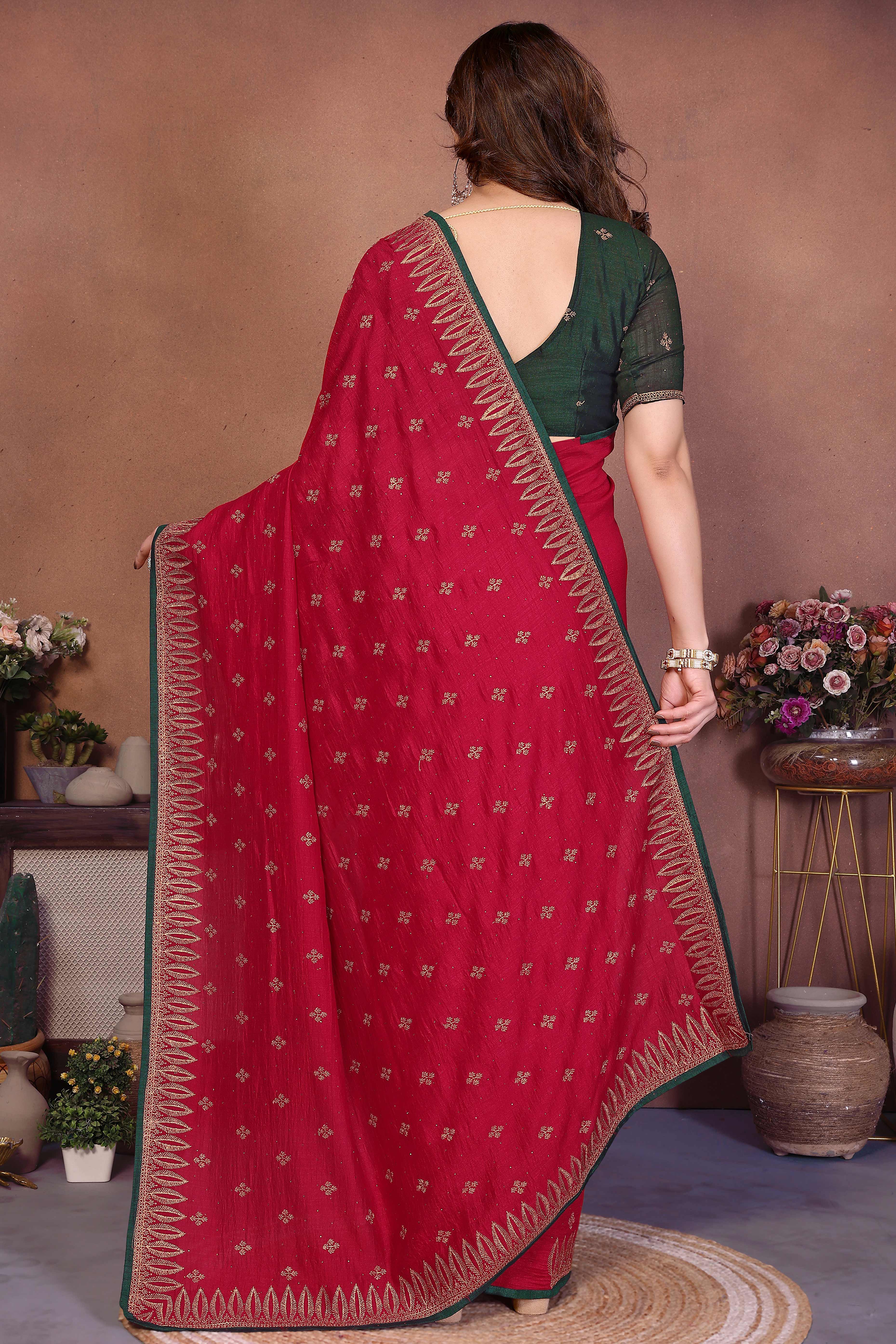 Crimson Red Designer Vichitra Silk Saree Enhanced with Delicate Thread Work Embroidery