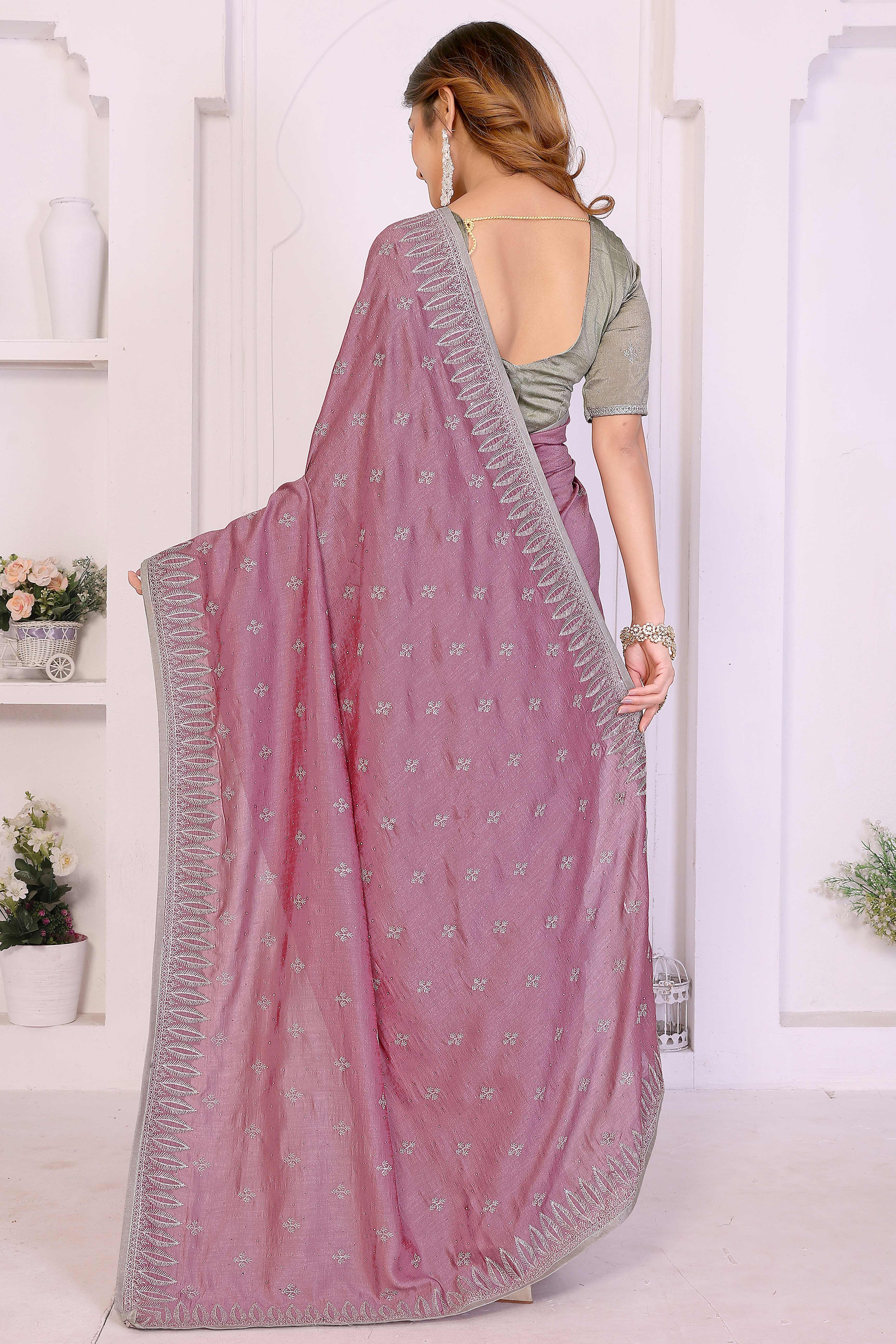 Mauve Designer Vichitra Silk Saree Enhanced with Delicate Thread Work Embroidery