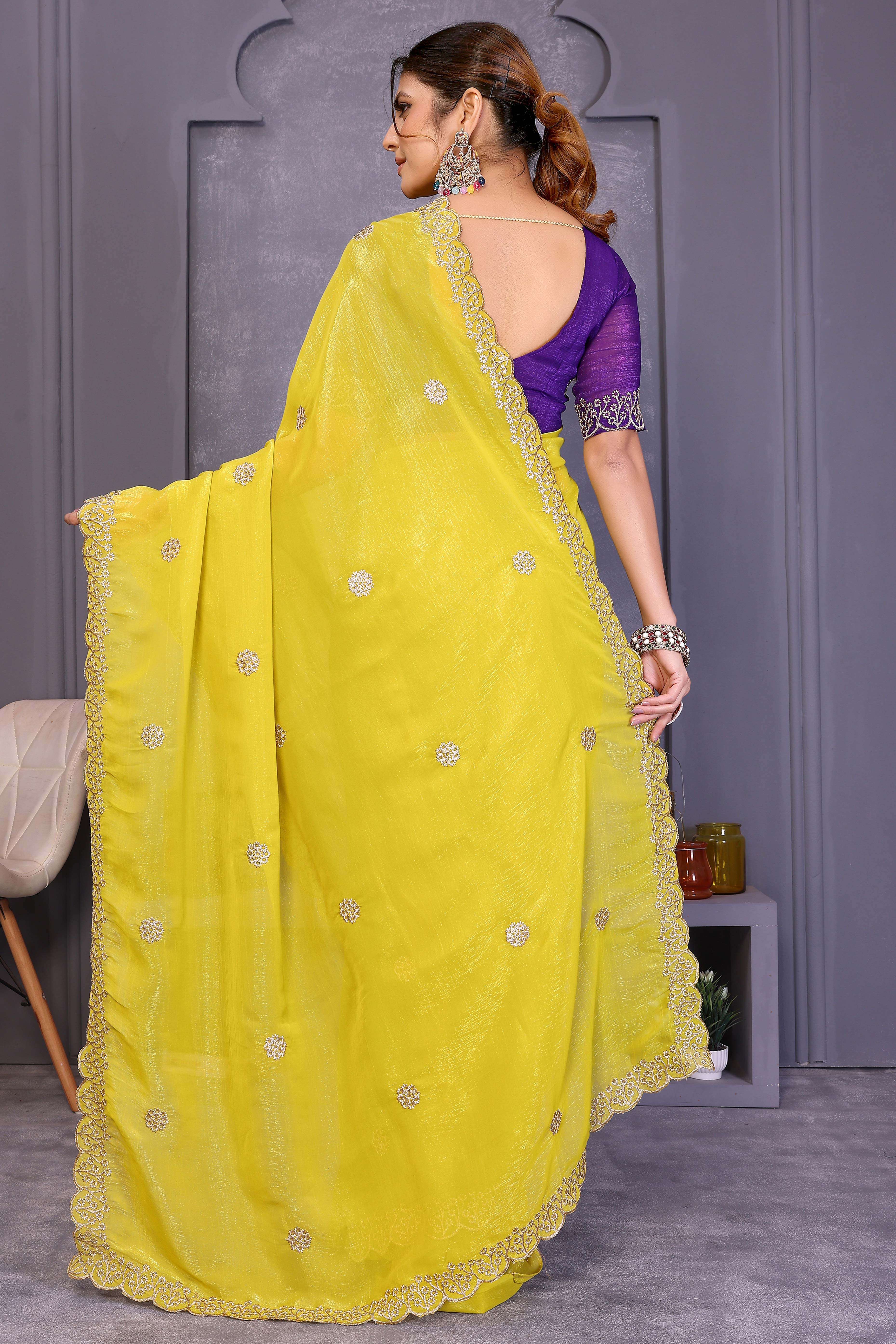 Yellow Designer Crunchy Saree Enhanced with Delicate Thread Work Embroidery