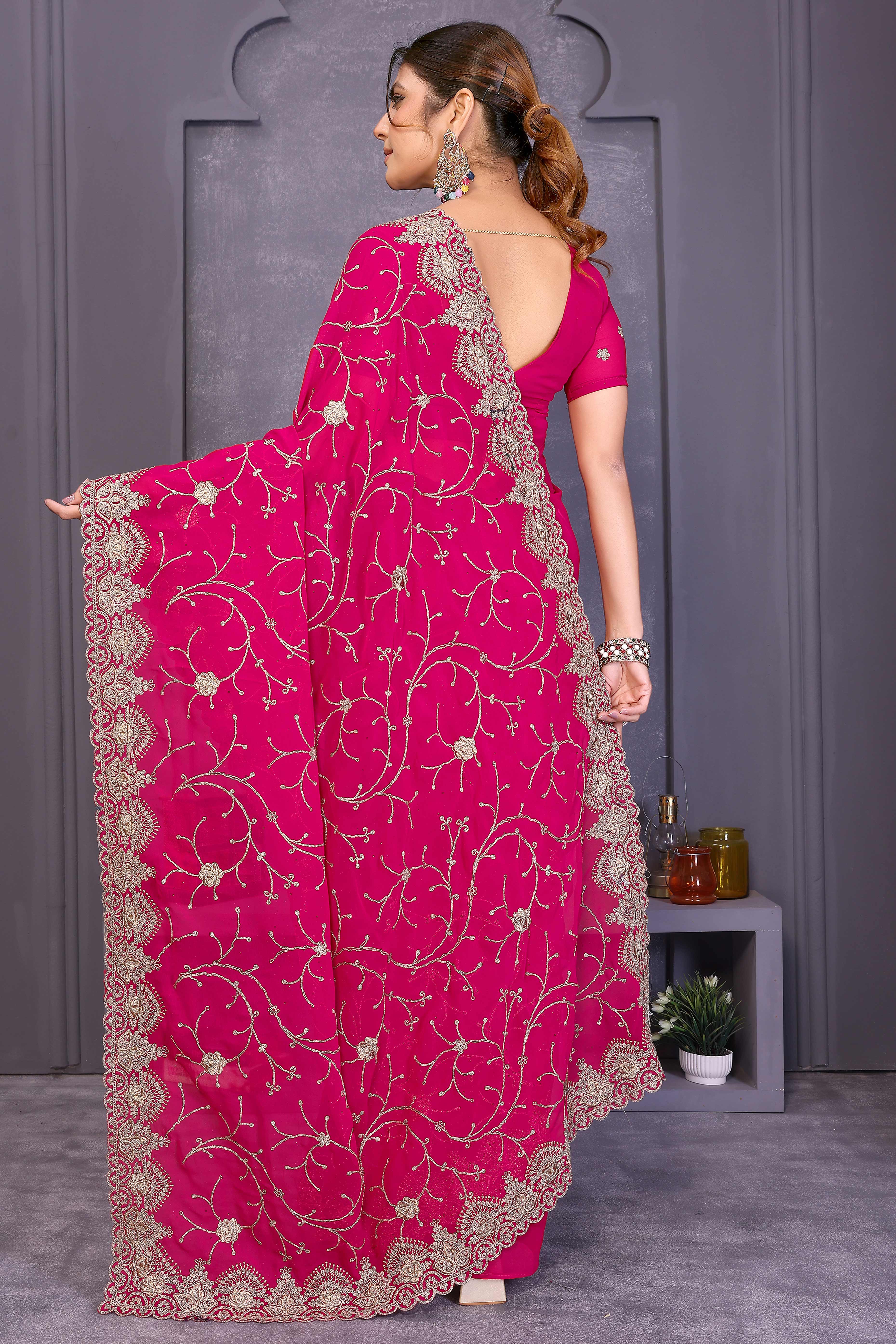 Pink Designer Georgette Saree Enhanced with Delicate Thread Work Embroidery