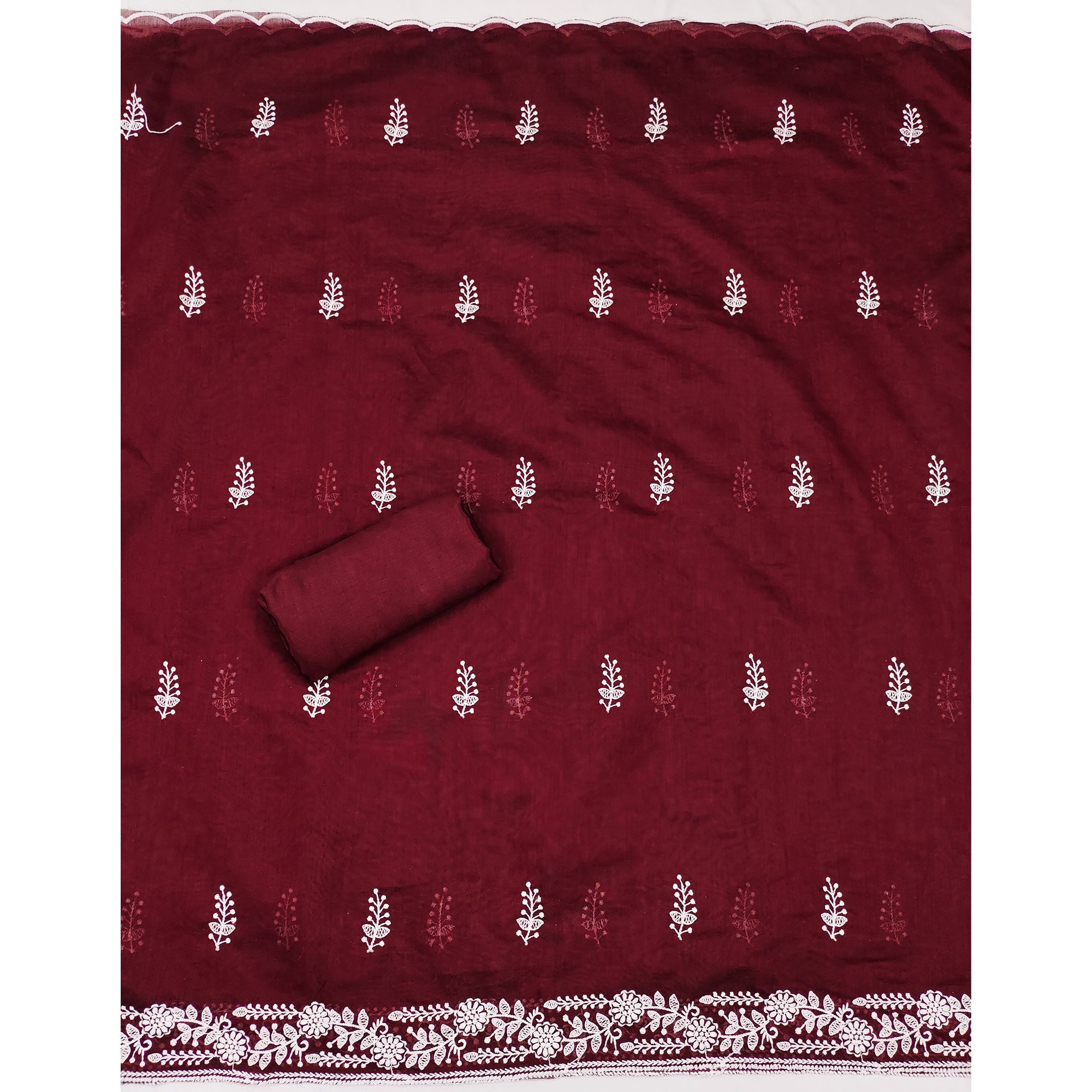 Maroon Floral Embroidered Modal Dress Material