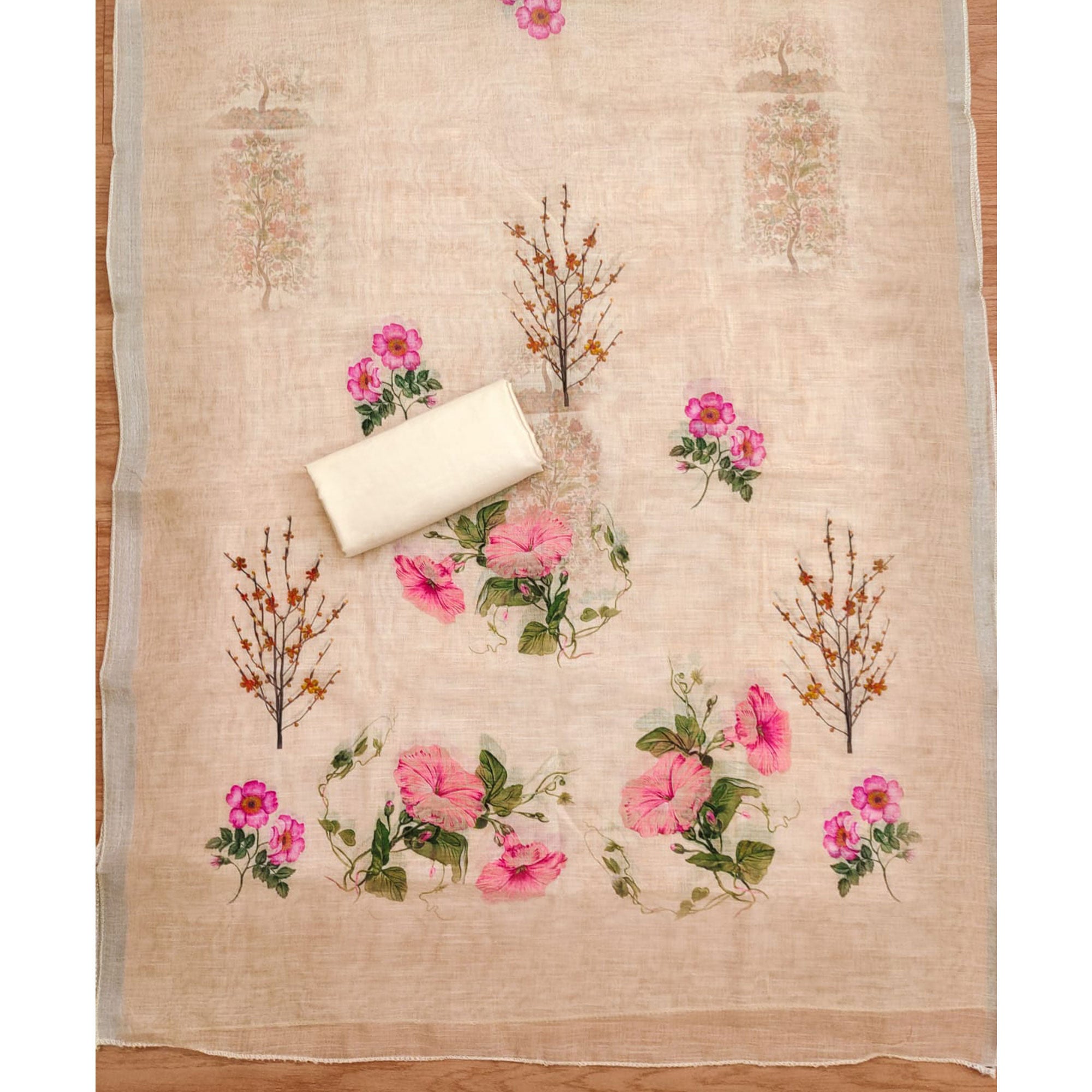Cream Sequins Embroidered Chanderi Silk Dress Material
