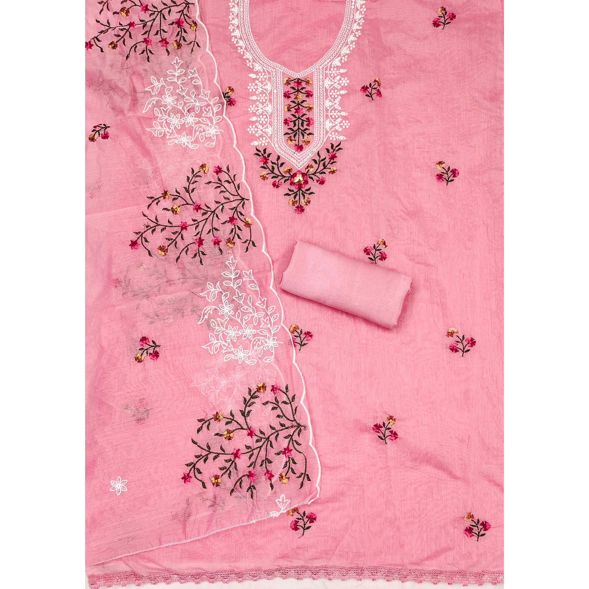 Pink Floral Sequins Embroidered Chanderi Dress Material
