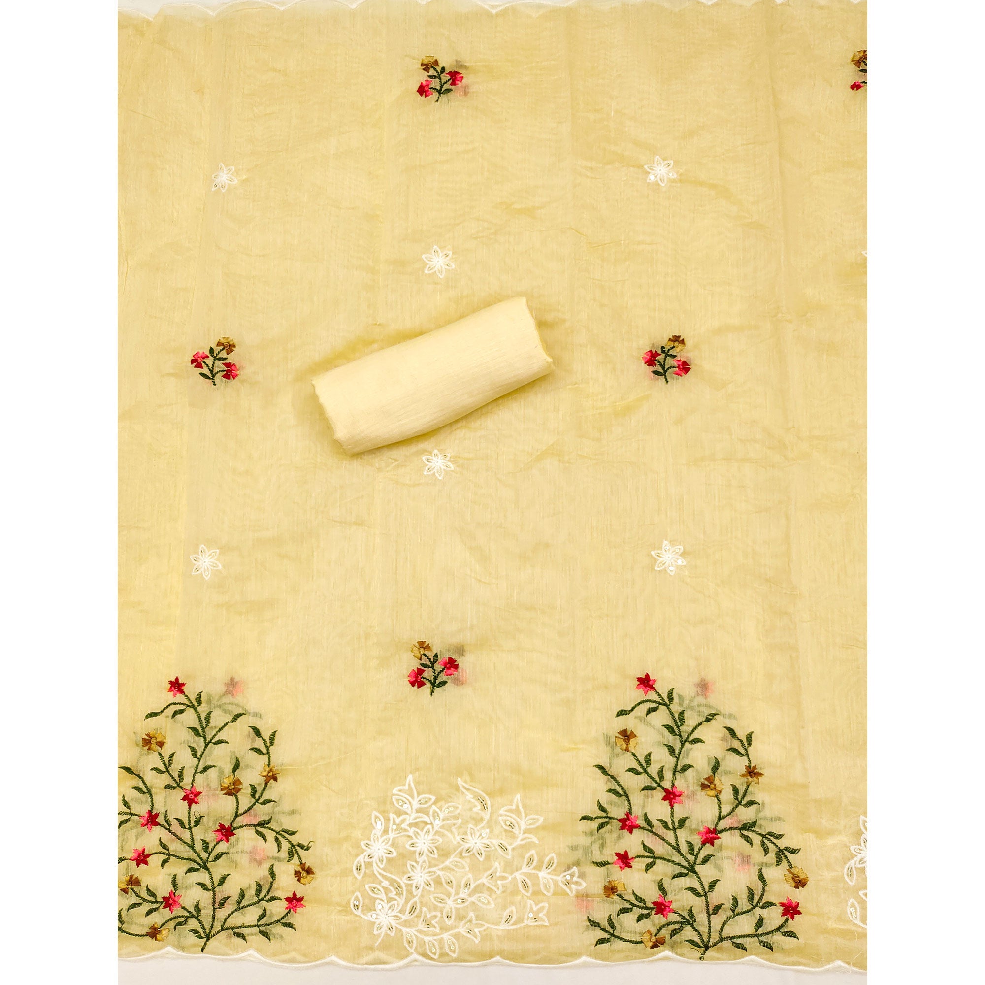Yellow Floral Sequins Embroidered Chanderi Dress Material