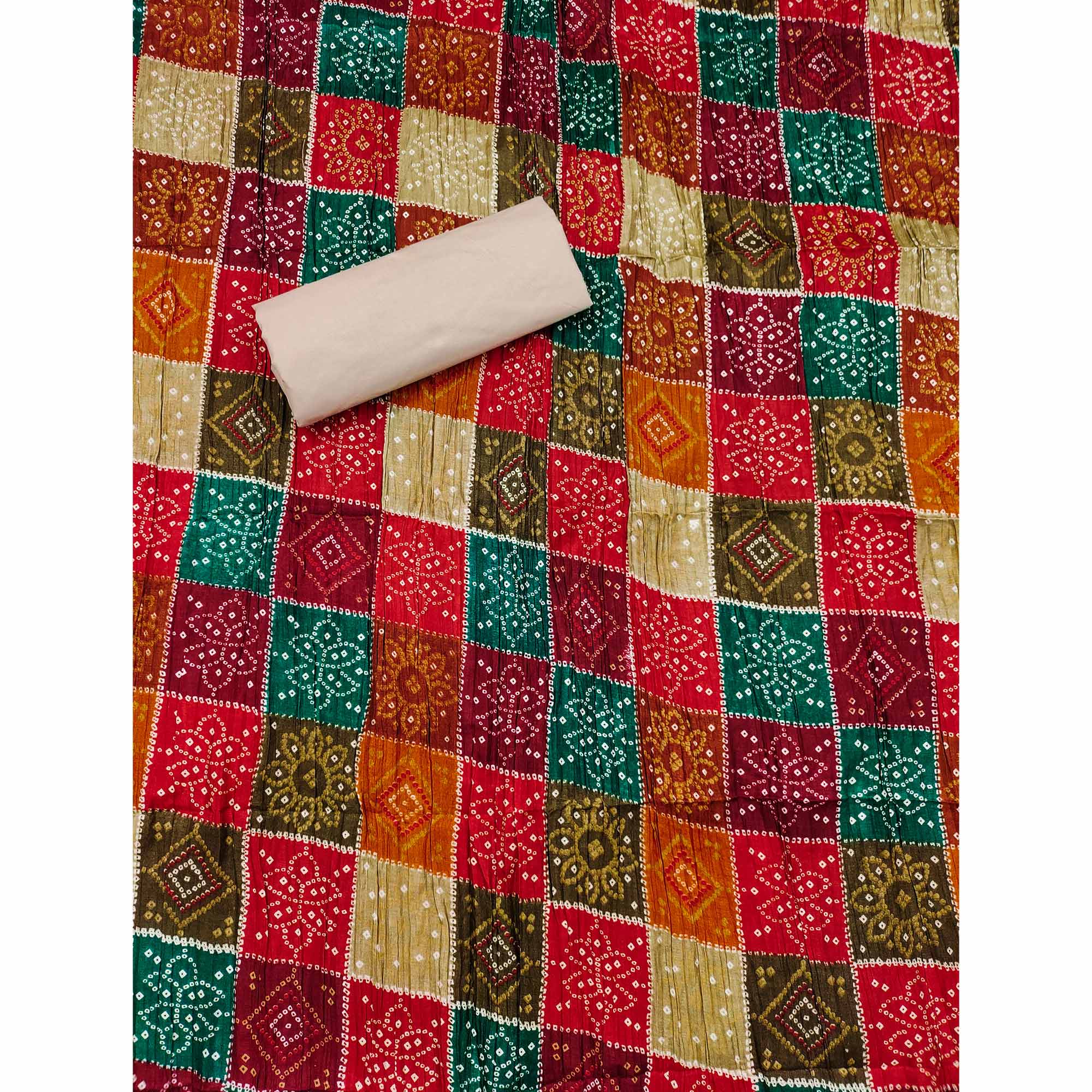 Cream Cotton Blend Dress Material With Intricate Thread Embroidery & Paper Mirror Work