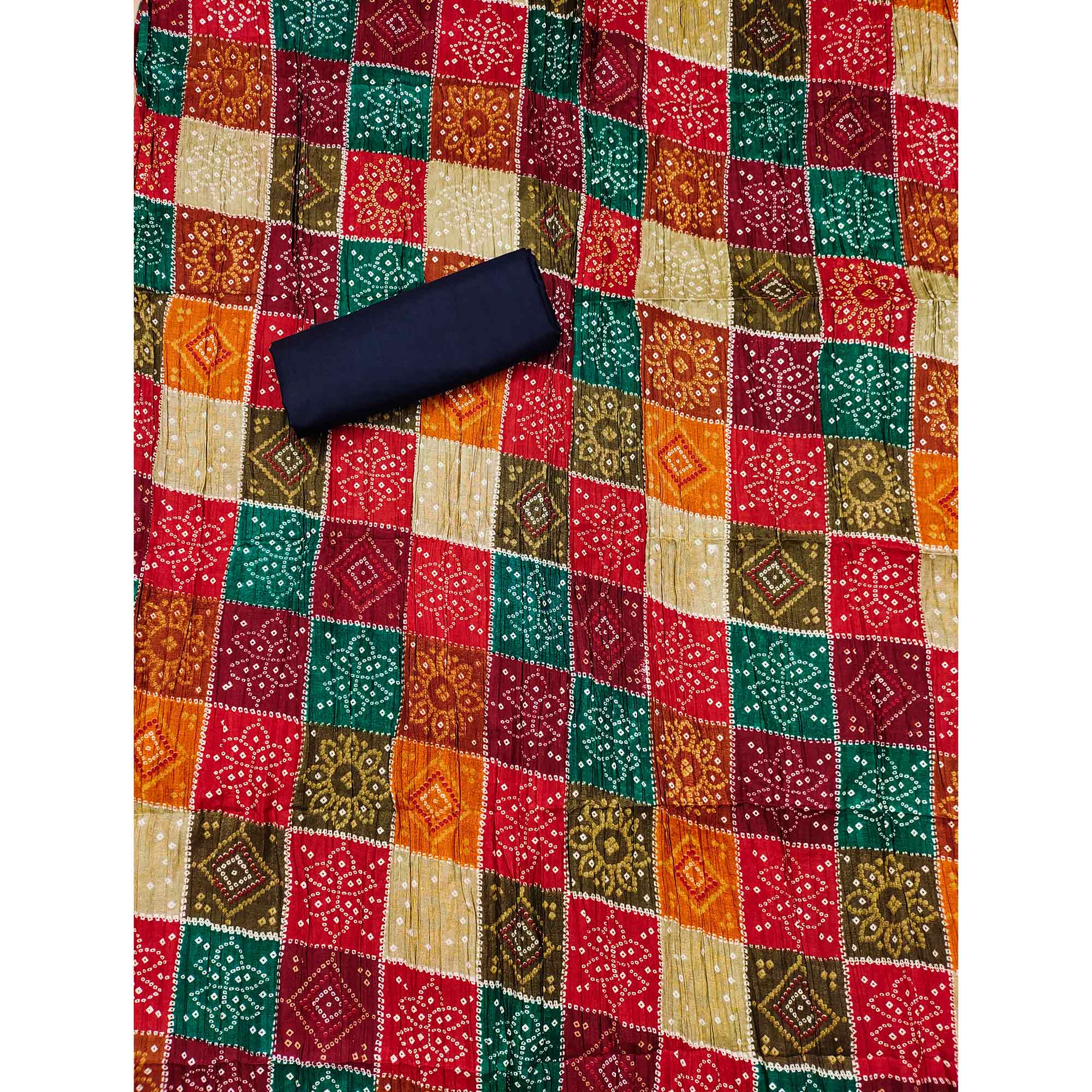 Navy Blue Cotton Blend Dress Material With Intricate Thread Embroidery & Paper Mirror Work