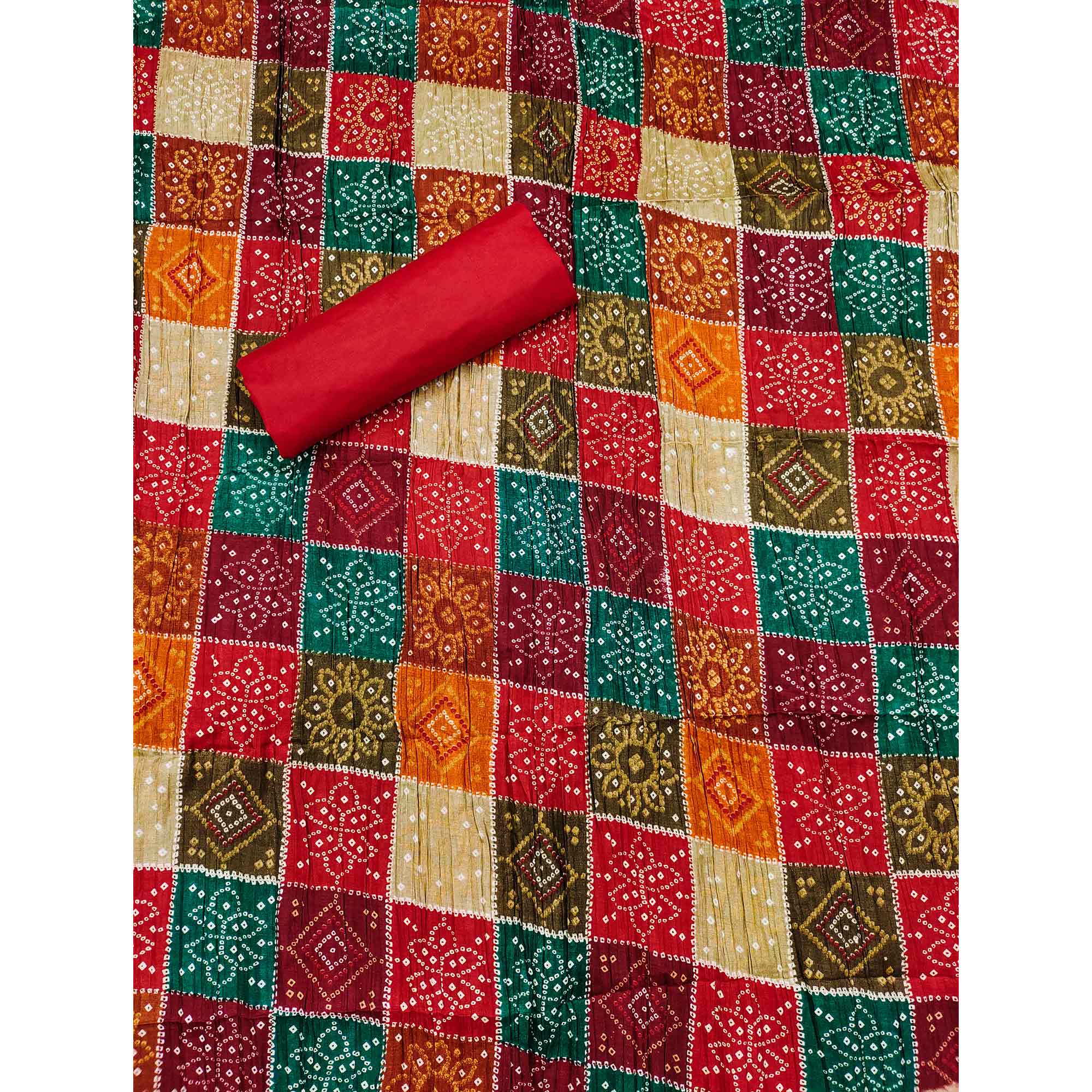 Red Cotton Blend Dress Material With Intricate Thread Embroidery & Paper Mirror Work