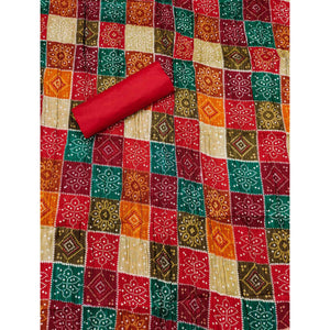Red Cotton Blend Dress Material With Intricate Thread Embroidery & Paper Mirror Work