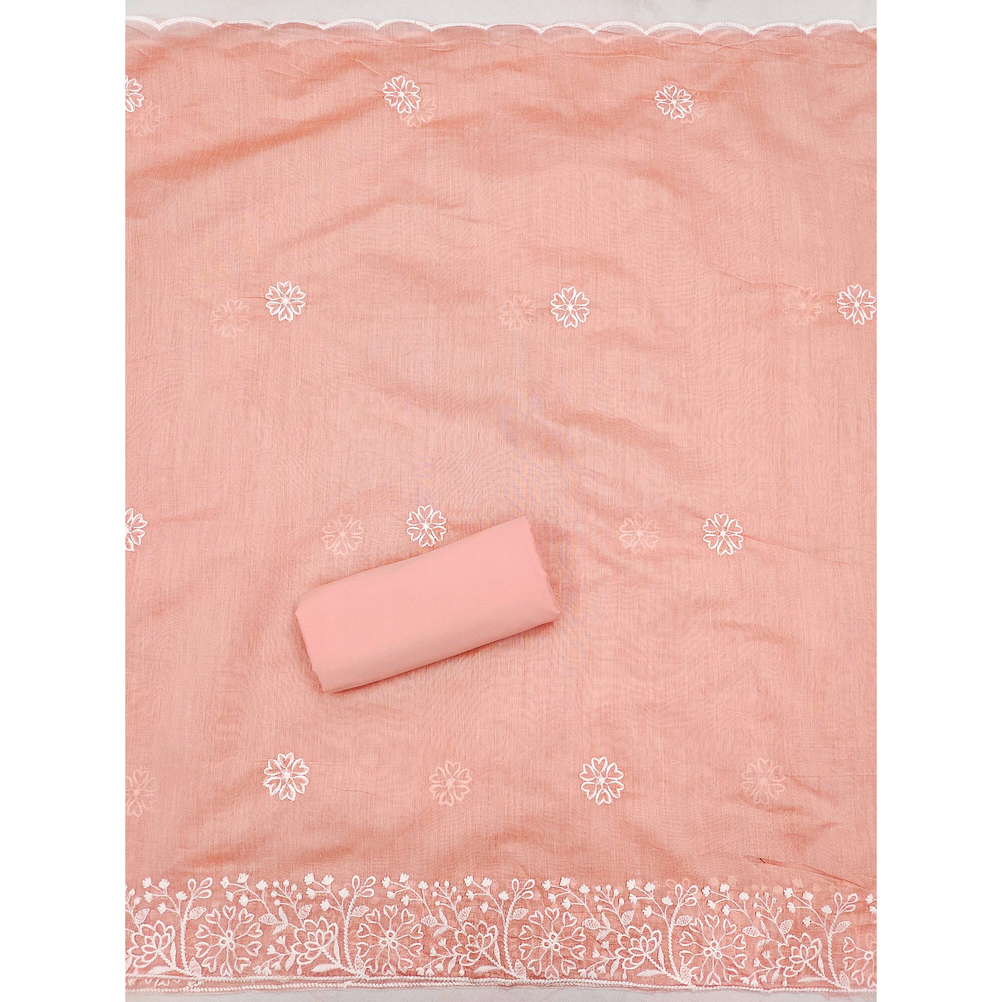 Peach Floral Embroidered Chanderi Silk Dress Material For Graceful Styling