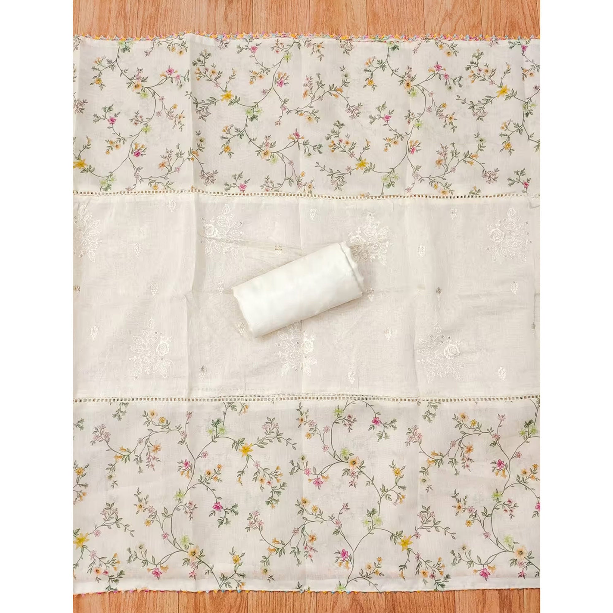 Classic Cream Floral Printed Modal Chanderi Silk Fabric Set Perfect for Festive