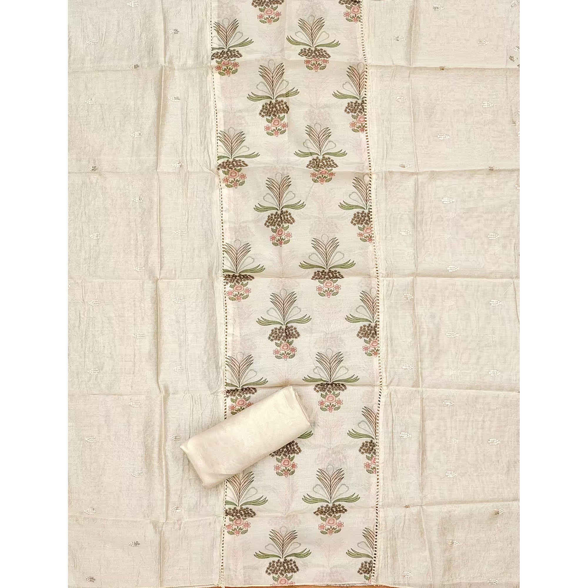Cream Modal Chanderi Silk Unstitched Suit Material Showcasing Jaipuri Inspired Floral Designs