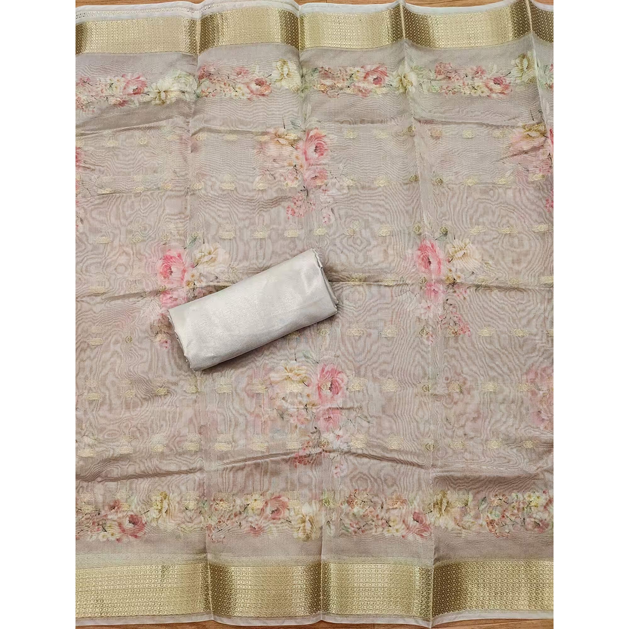 Grey Chanderi Silk Dress Material Showcasing Floral Prints with Subtle Beads Detailing