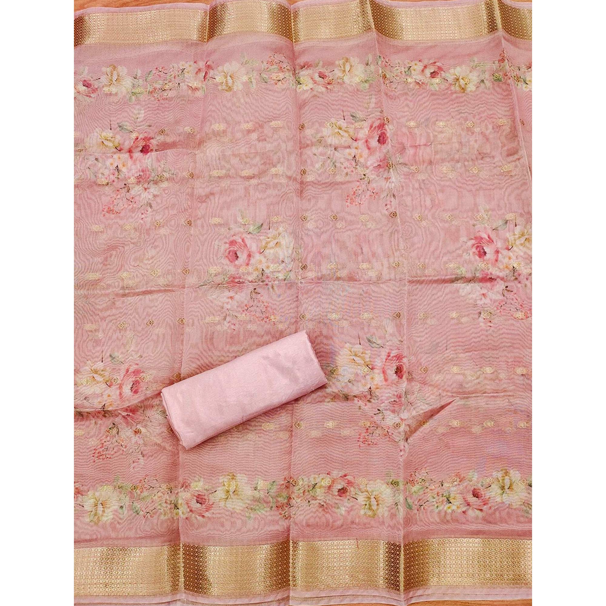 Pink Chanderi Silk Dress Material Showcasing Floral Prints with Subtle Beads Detailing