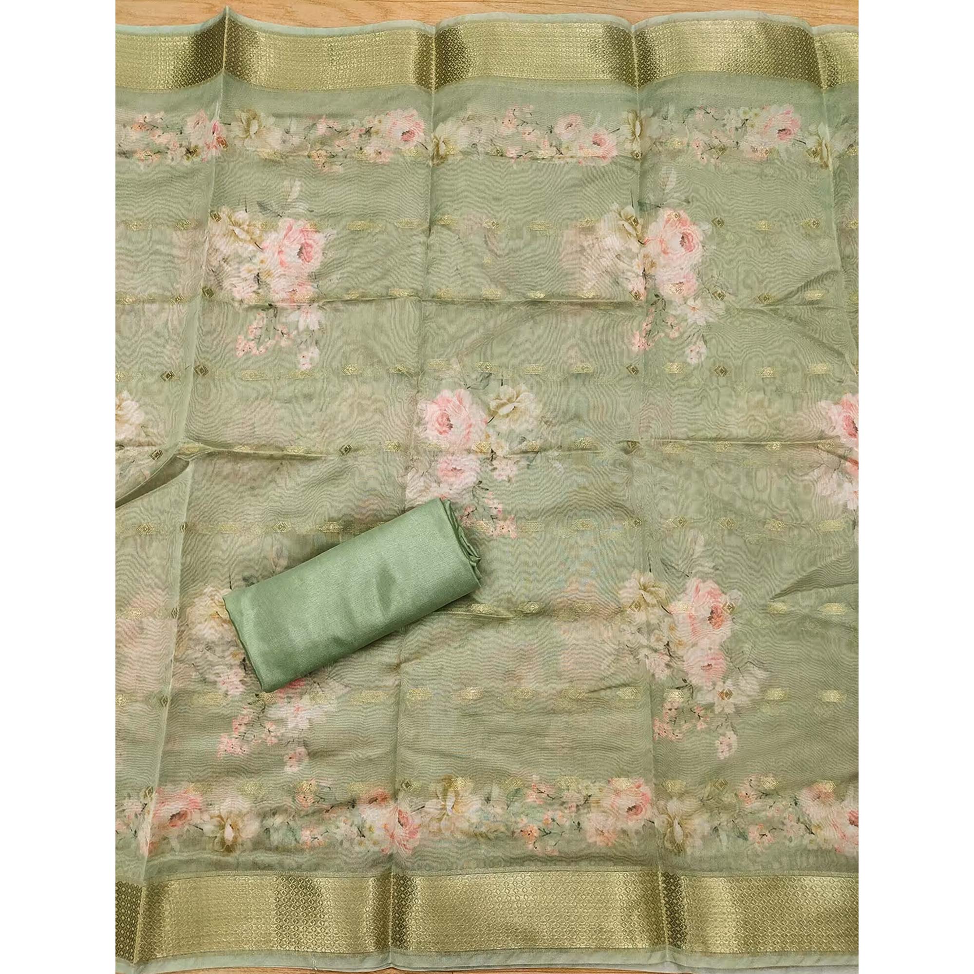 Pista Green Chanderi Silk Dress Material Showcasing Floral Prints with Subtle Beads Detailing